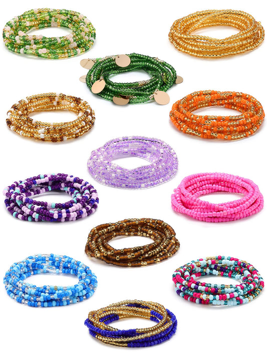 Fumete 12 Pcs Waist Beads Set Handmade African Belly Beads Chain Plus Size Body Jewelry Non Stretching Belly Chain for Women(Exotic,50 Inch)