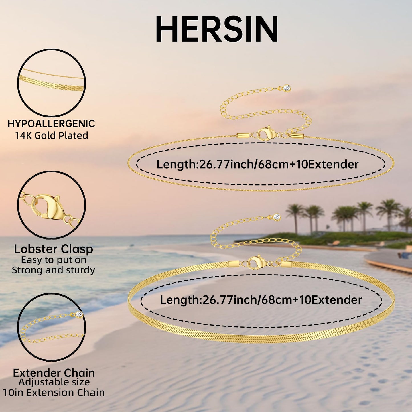 HERSIN Waist Chain for Women, 14K Gold Plated Layered Belly Belt Chains Beach Waist Beads Chain Waterproof Snake Herringbone Body Chain Summer Jewelry Accessories for Women