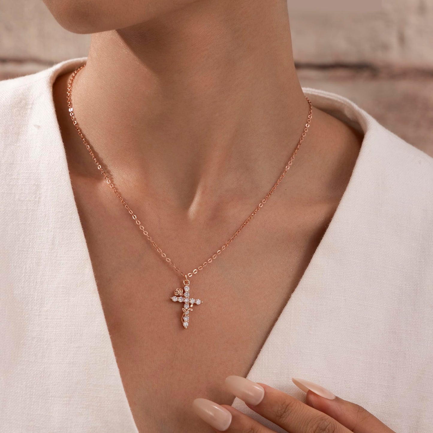 Robaice Easter Basket Stuffers Flower Cross Necklace for Women, Rose Gold Plated Dainty Cubic Zirconia Faith Cross Pendant, Christian Religious Jewelry Gifts