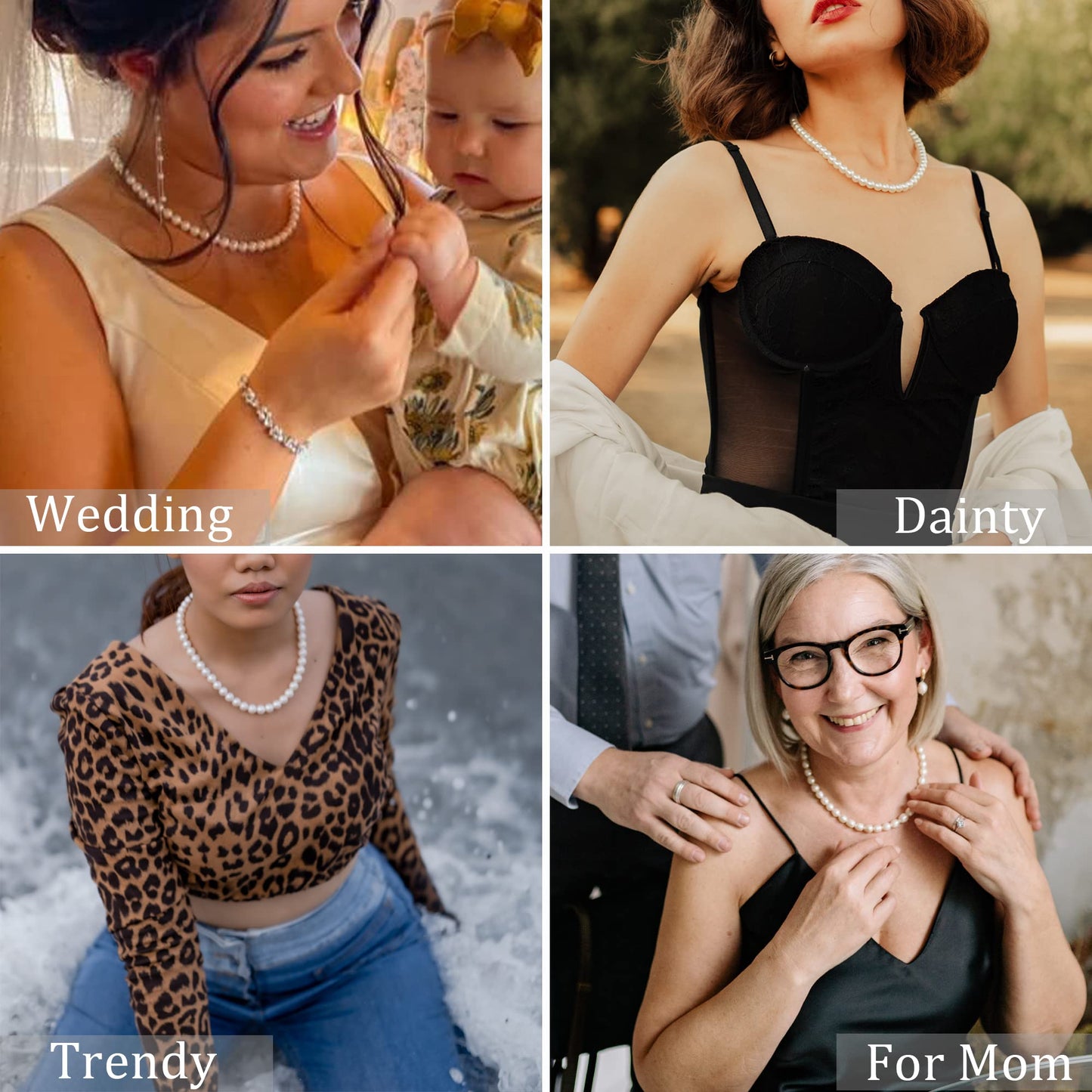 Sereney Pearl Necklaces for Women, 8mm Dainty Pearl Choker Necklaces as Handmade Prom Necklace for Wedding, 16'' to 19.5'' Adjustable Bridal Jewelry for Her Daughter as Round White Wedding Necklaces