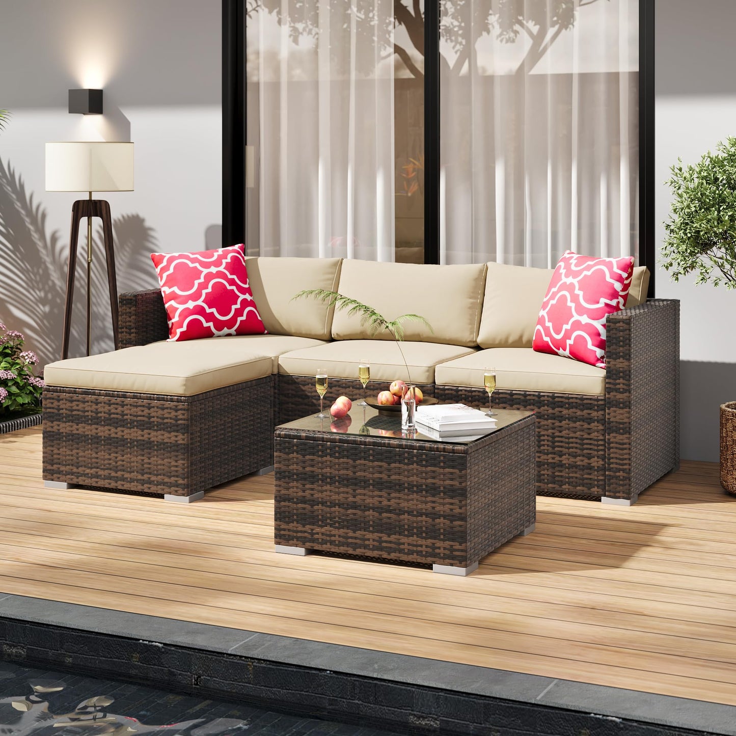 MilleLoom 5-Piece Outdoor Sectional Sofa Set, All-Weather PE Rattan Patio Furniture with Ottoman & Tempered Glass Table, Convertible Garden Couch for Backyard, Porch, Poolside (Brown/Khaki)