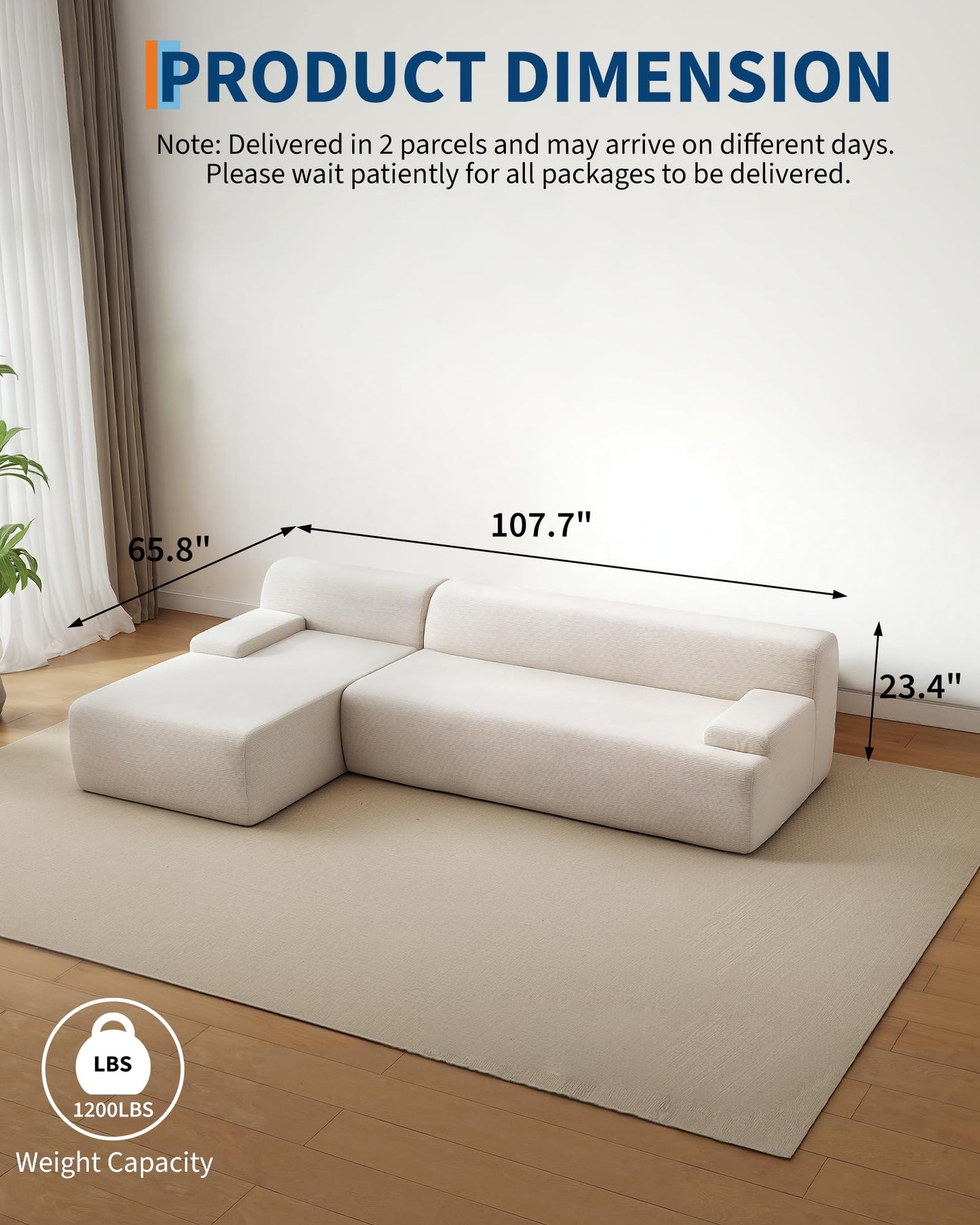 MilleLoom 108" Sectional Couches for Living Room, Modular Sectional Sofa with L-Shape Chaise,Ultra Soft Corduroy L Shaped Couch Bed,Perfect Comfy Couches for Living Room, No Assembly Required, Beige