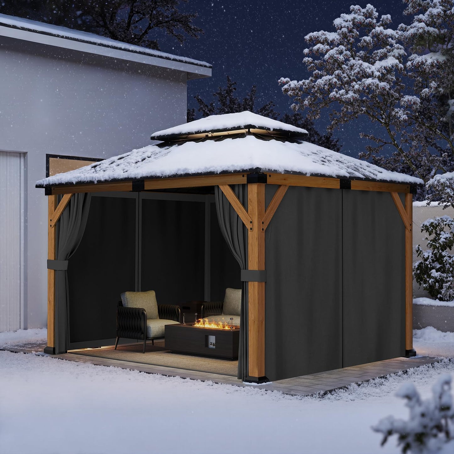 Jocoevol 10' X 12' Wood Gazebo Hardtop Outdoor Permanent Pavilion with Double Galvanized Steel Roof, Curtains and Netting, Snow Support, Wind Resistance, for Backyard Garden, Lawns, Patio
