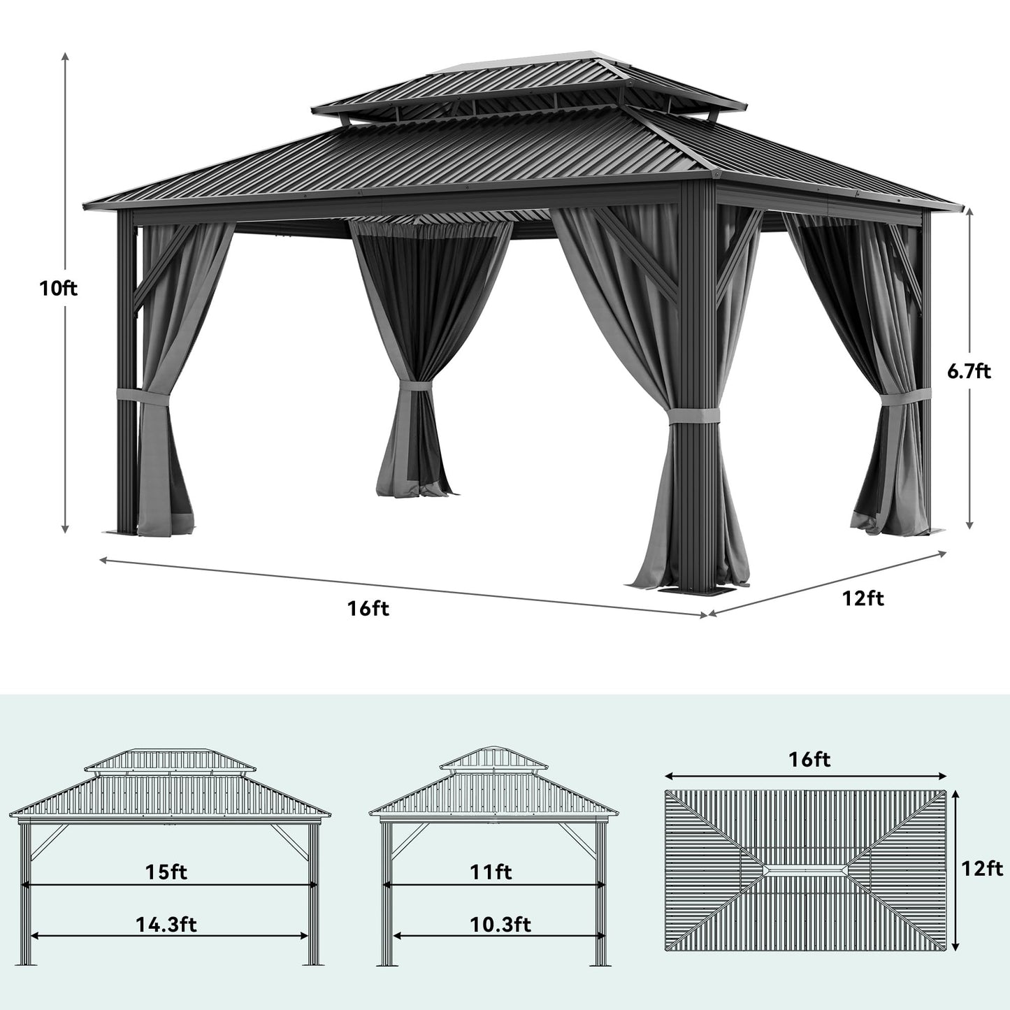 YITAHOME 16X12FT Patio Hardtop Metal Gazebo with Nettings and Curtains, Heavy Duty Double Roof Galvanized Steel Outdoor Waterproof Gazebo for Patio, Backyard, Deck, Gray