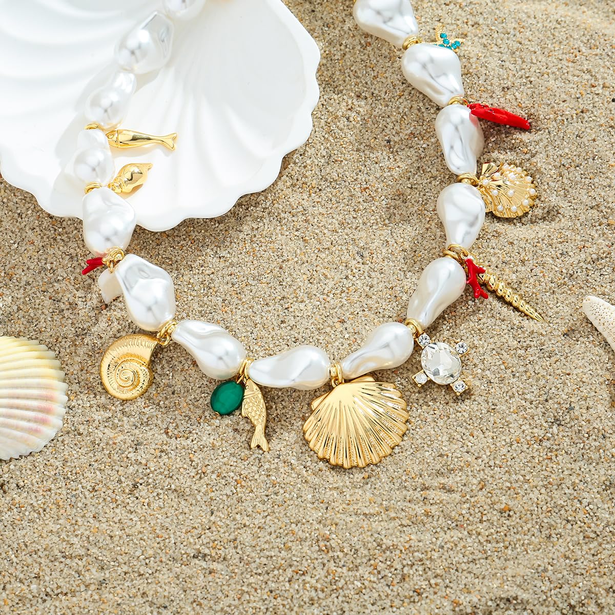 CLASSYZINT Baroque Simulated Pearl Necklace with Seashell Starfish Charms Ocean Theme Adjustable Jewelry for Women Beach Vacation Shell Necklace Birthday Gift