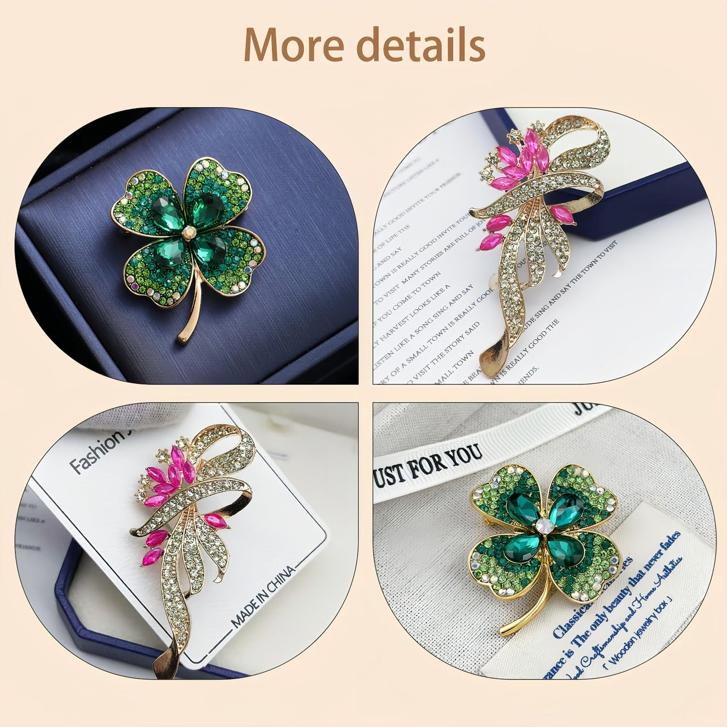 Yaximhozz 2pcs Rhinestone Green Four Leaf Clover Brooch Pin for Women Dress Elegant Stylish Crystal Brooches Fashion Accessories Pins Lapel Boutonniere Ideas Wedding Christmas Birthday Jewelry Easter Gift (06 Green/Gold)