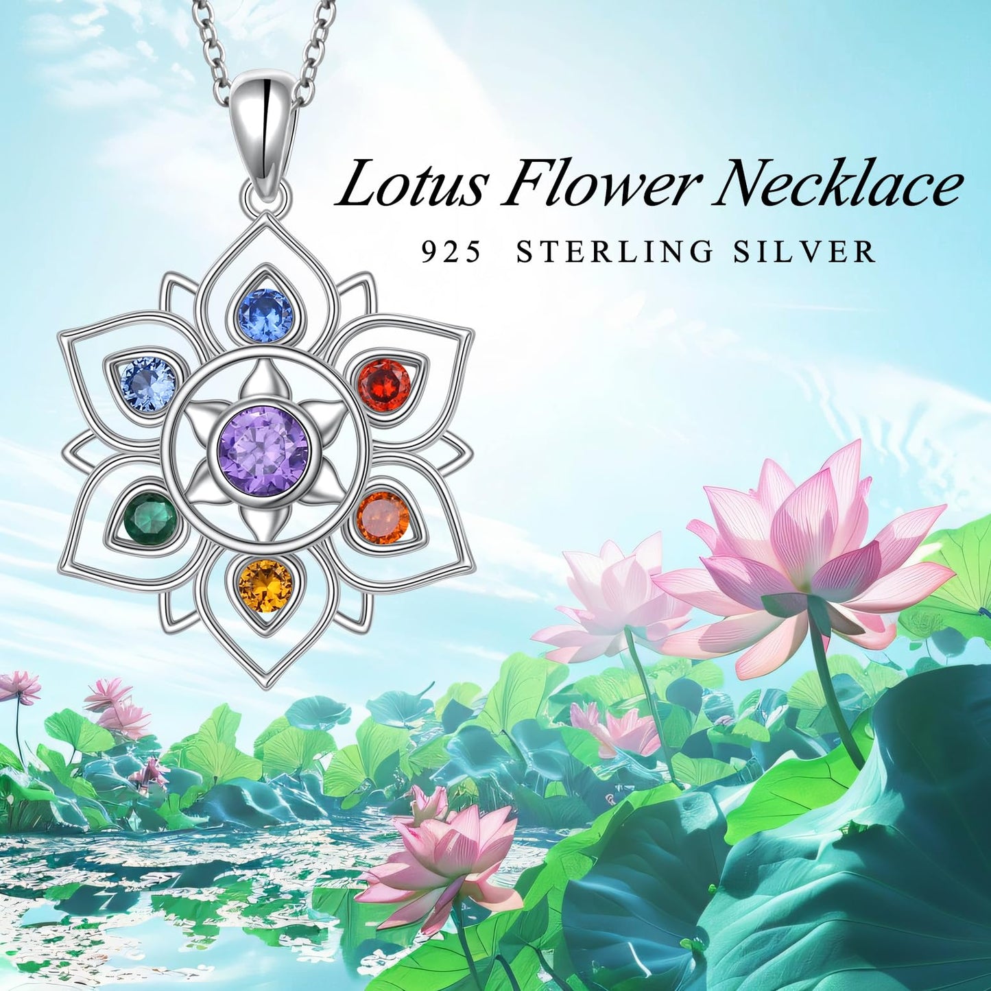 FLYOW 925 Sterling Silver 7 Chakras Lotus Necklace, Rainbow Stones Yoga Pendant for Energy Balance, Spiritual Healing Jewelry for Anxiety Stress Relief Meditation
