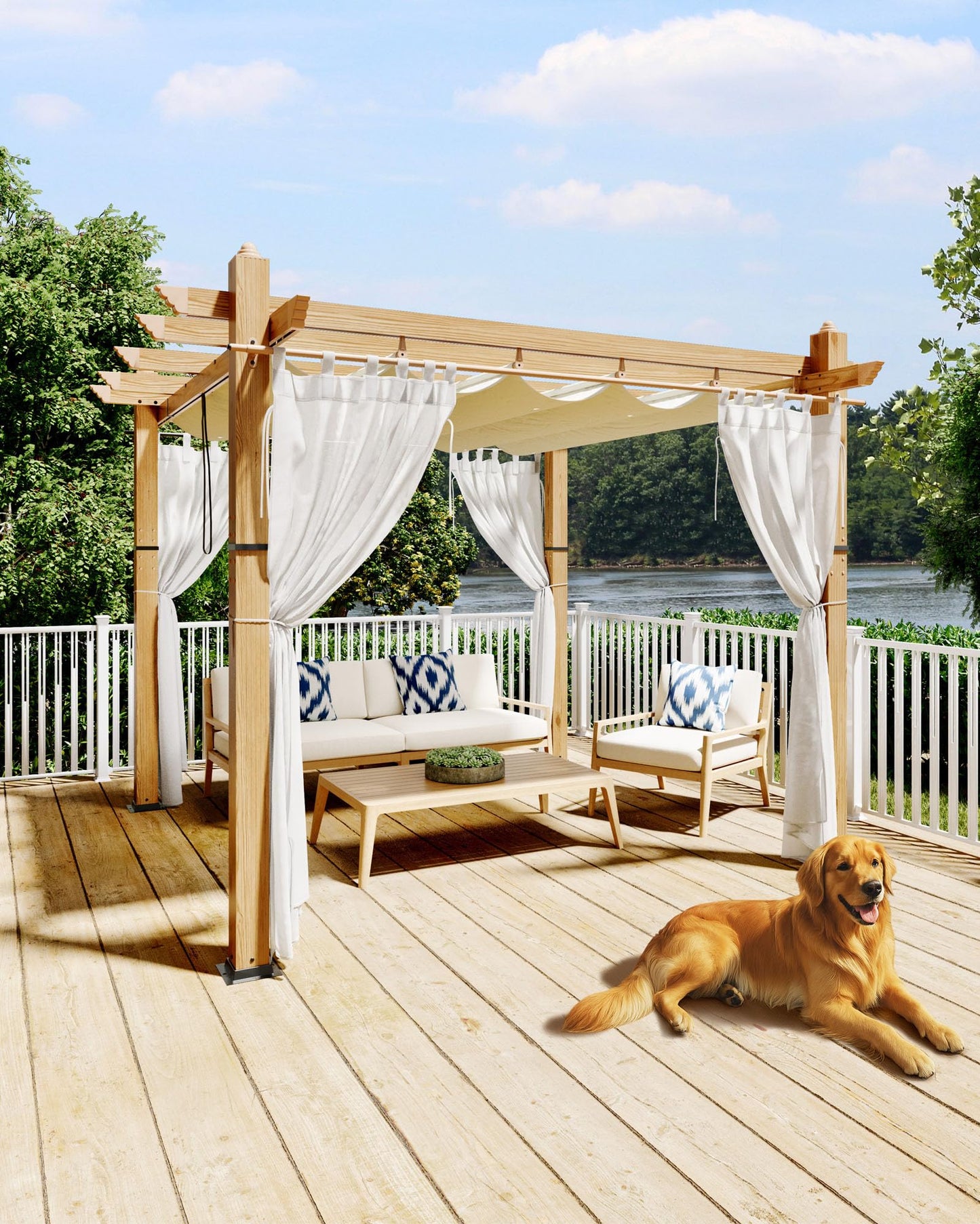 KYBOLT 10x10 Ft Outdoor Pergola with Retractable Canopy Metal Gazebo Imitation Wood-Grain Column with Side Mesh Screen Modern Pavilion for Backyard(Beige+White)