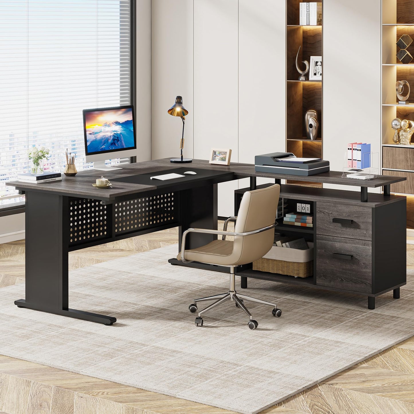 Tribesigns 63 Inch Executive Desk with File Cabinet, L Shaped Office Desk with Drawers and Storage Shelves, Business Furniture Set Workstation for Home Office, Gray and Black