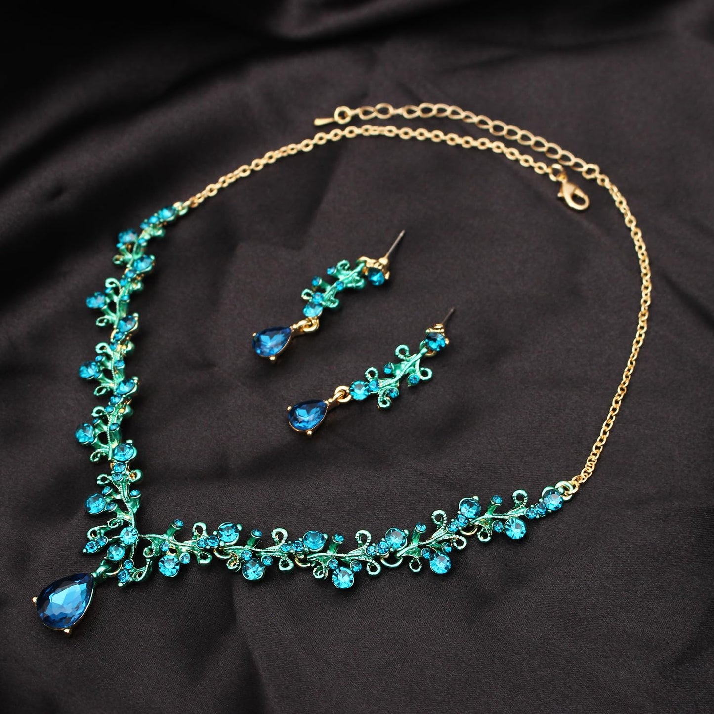 3Pcs Austrian Crystal Jewelry Set for Women, Necklace Dangle Earrings Link Bracelet Jewelry Set with Gold/Platinum/Gun Plated, Wedding Party Jewelry for Bridal Bridesmaid (Blue-Gold Plated)