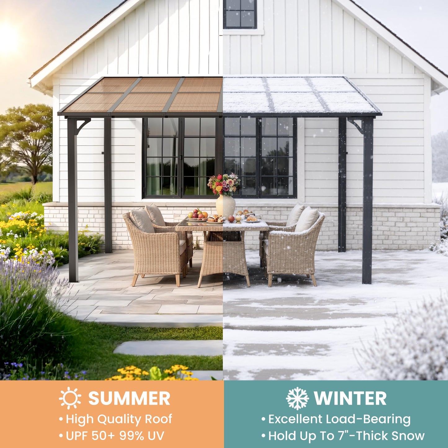 Pamapic 10x28FT Wall Mounted Gazebo, Hardtop Lean to Gazebo with Aluminum Frame & UV Resistant Polycarbonate Roof, Outdoor Patio Awning for Deck, Porch, Lawn & Backyard