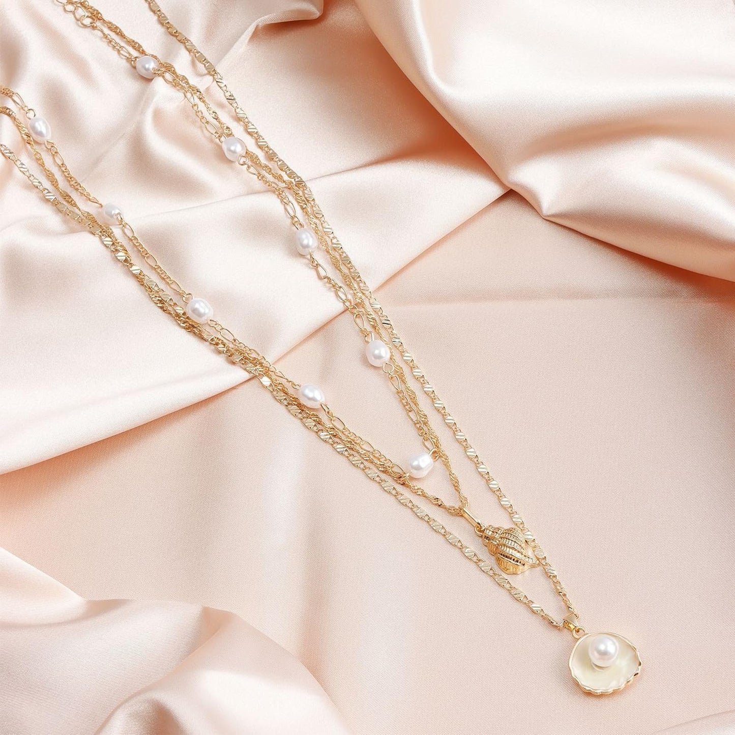 Multi-Layered Pearls and Shells Conch Necklace Set - Ideal for Beach Style, Birthday and Holiday Gifts, Women's Stacked Jewelry