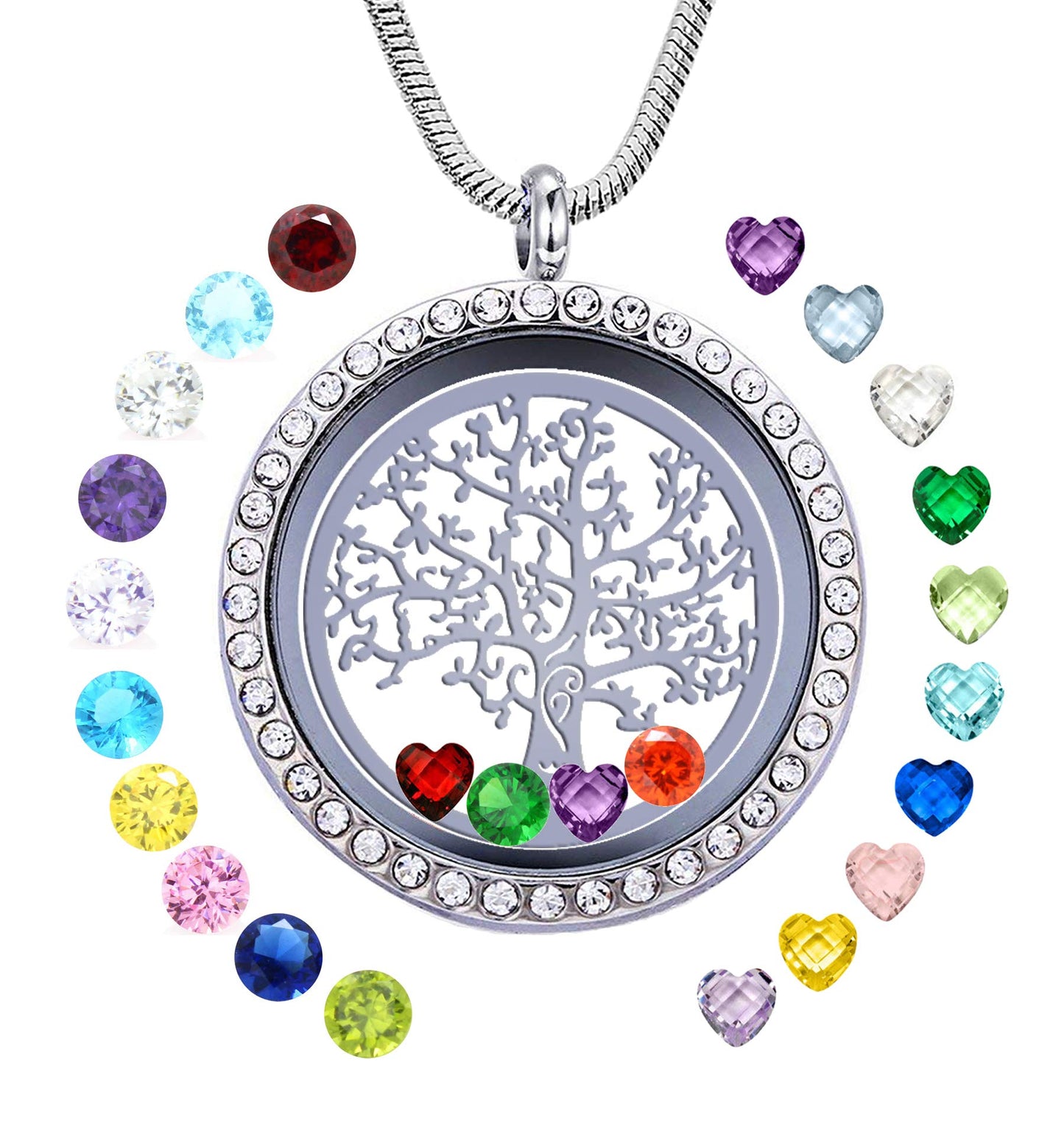 GOKING Grandmother Birthstone Necklace, Family Tree of Life Floating Locket for Grandma Mother, Gifts for Mom Nana Mimi Gigi Aunt Niece, Charms Living Memory Pendant