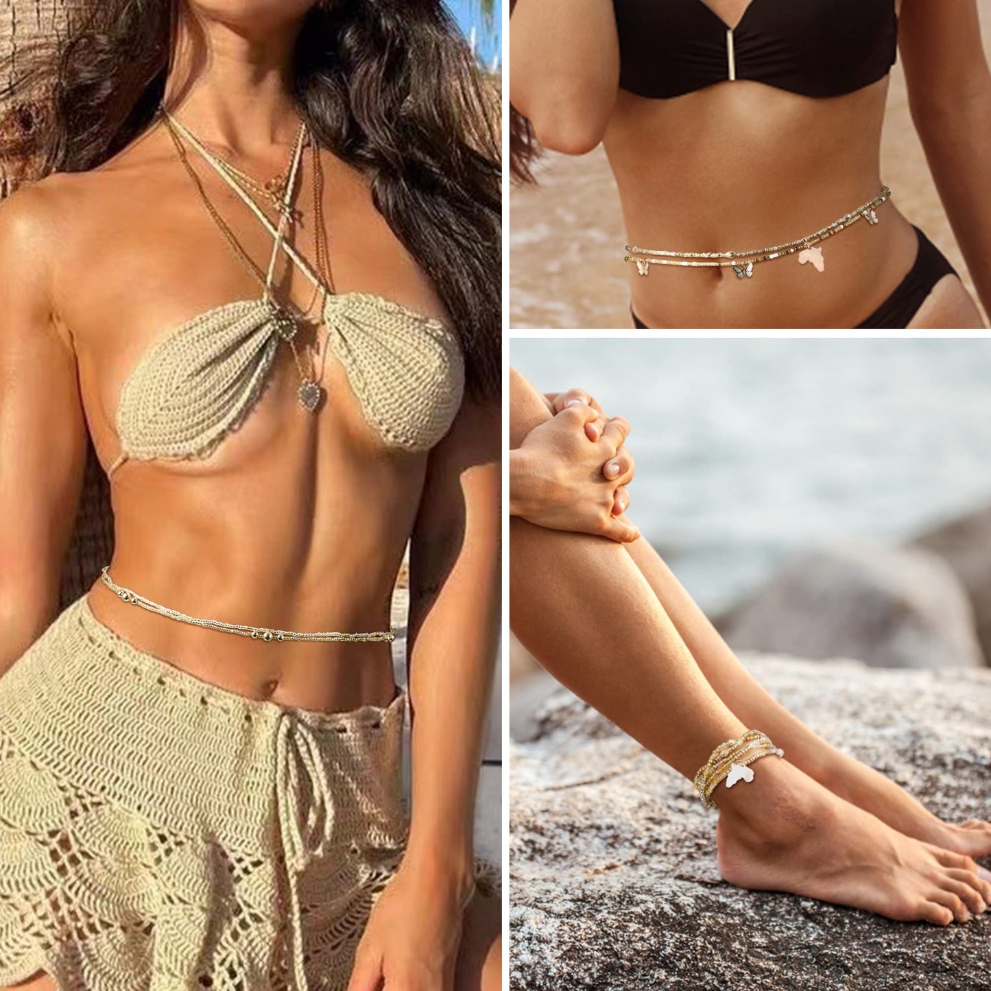Helicopchain 6Pcs Waist Beads For Women African Waist Beads Belly Chain Beads Waist Elastic Bead Summer Body Chain Bikini Jewelry Gold