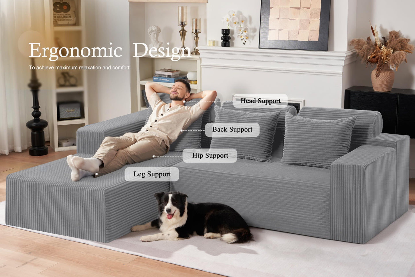 HABUTWAY Sectional Couches for Living Room,No Assembly L Shaped Couch 105" Modular Sectional Sofa Couch with Deep Seat,Cloud Couches Furniture Sets for Apartment,Corduroy (Light Grey, Left Facing)
