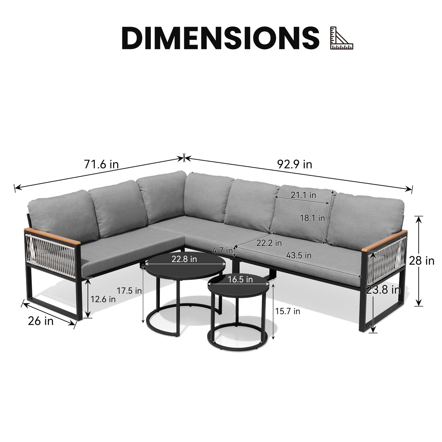 Crestlive 6 Piece Patio Furniture Set, Modern L-Shaped Outdoor Sectional Sofa with Nesting Tables, 4 Inch Thick Cushion, All Weather Resistant Outdoor Furniture Set for Backyard Patio Garden