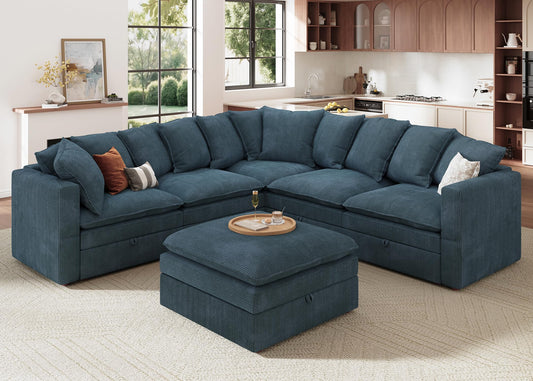 HONBAY Modular Sectional Sofa, 6 Seaters Corduroy Sectional Couchwith Ottoman, L Shaped Sofa with Storage & Pillows, Blue