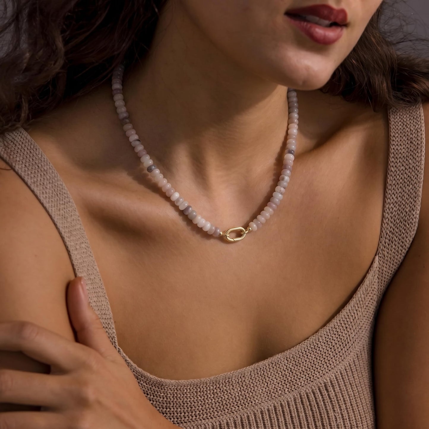 CONRAN KREMIX Light Gray Stone Beaded Necklace for Women,Natural Stone Bead Choker Necklaces Boho Summer Beach Necklace Gemstone Jewelry Gift for Women