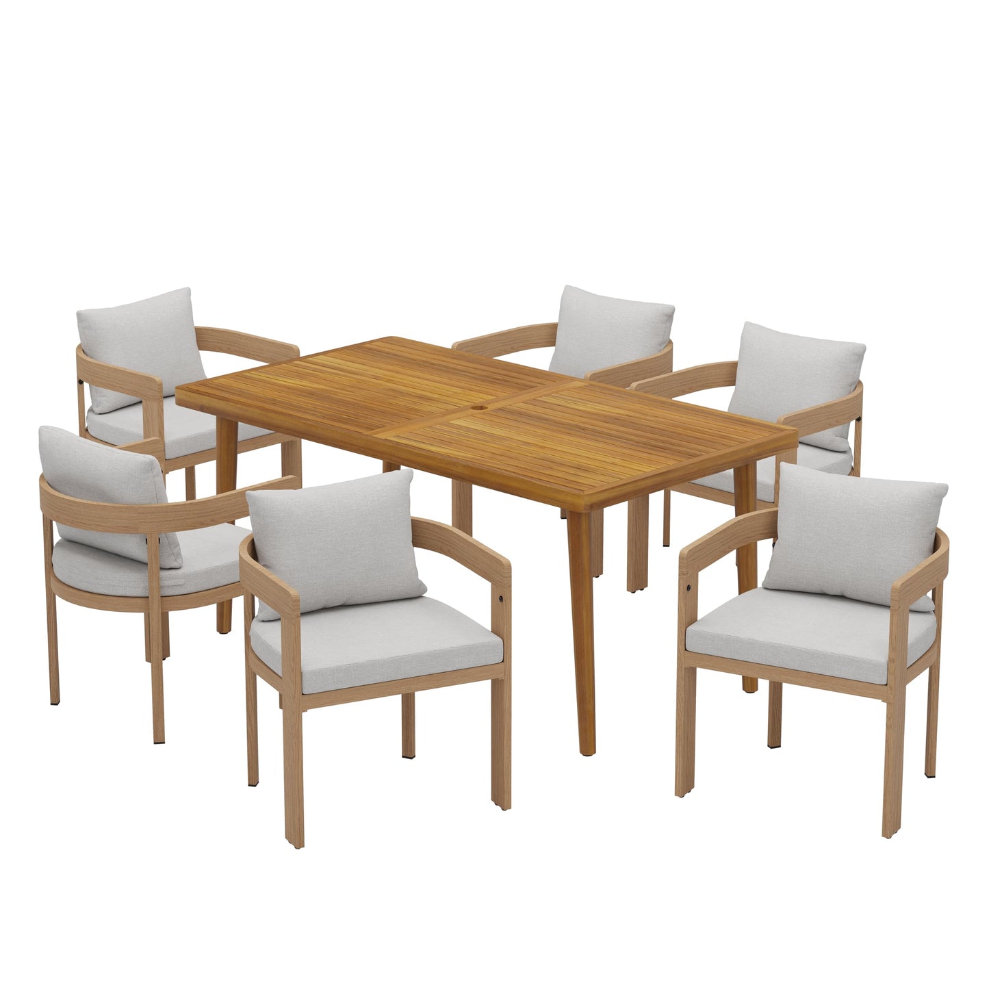 Christopher Knight Home Elko Acacia Wood Outdoor Dining Set for 6, Wooden 7 Piece Patio Dining Table Set, Outdoor Metal Dining Chair and Table Set with Cushion, Patio Furniture Set, Teak+Light Gray