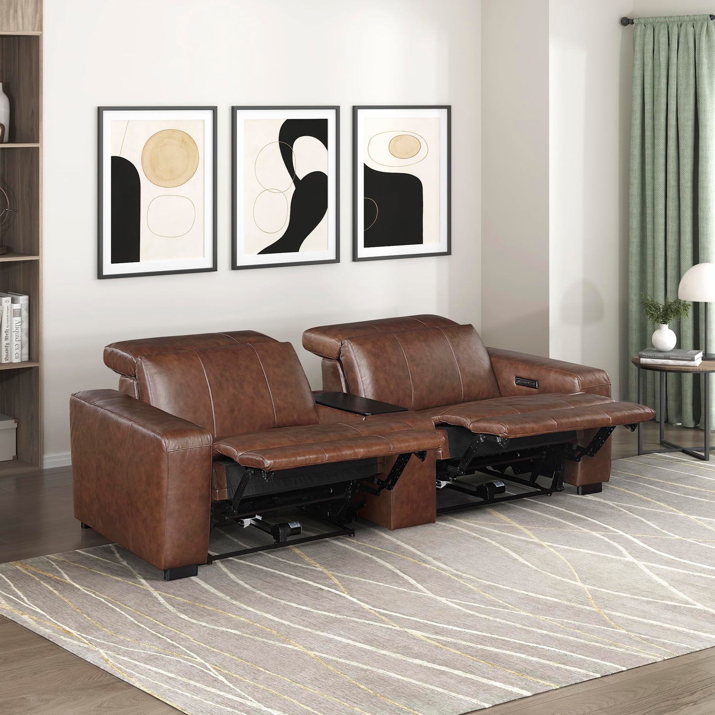 Lexicon Sectional Couches for Living Room-Modular Sectional Sofa, Power Double Reclining Loveseat with Center Console, Power Headrests, Charging Ports, Dual Cup Holders, Top Grain Leather Brown
