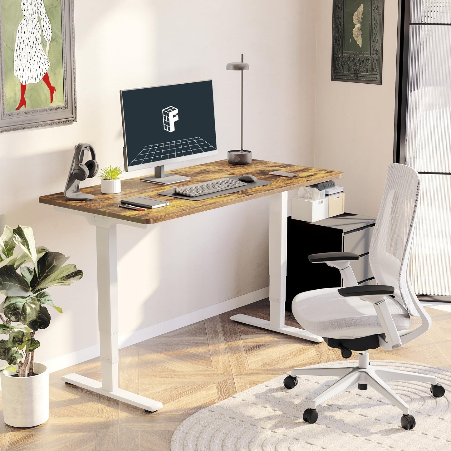 FLEXISPOT E6 3-Stage Dual Motor Electric Standing Desk 55 x 28 Sit Stand Up Desk, Holds 220 lbs, Adjustable Height w/Memory Presets, One-Piece Special Walnut Desktop & White Frame, Ships in 2 Boxes