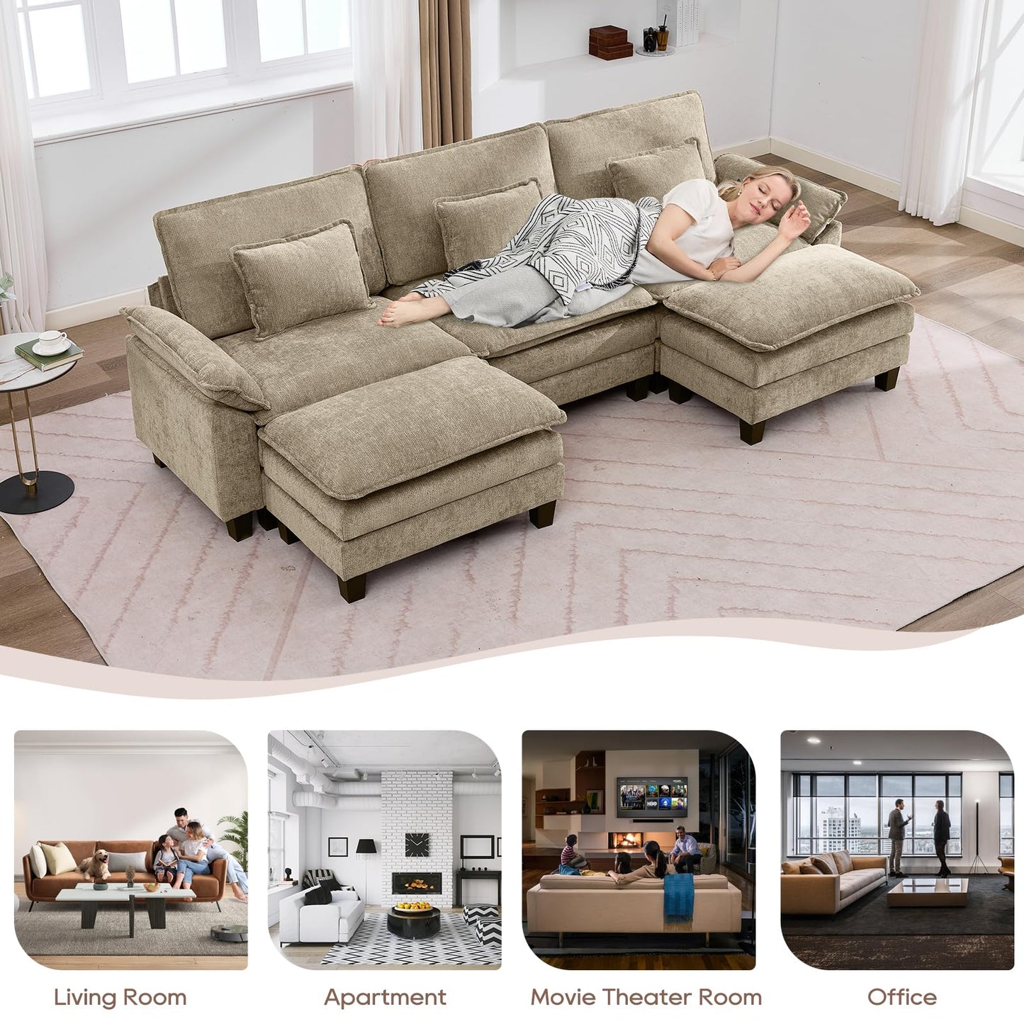 IPKIG 117" Modular Sectional Sofa, Chenille U-Shaped Sectional Couch Comfy Upholstered 3 Seat Sofa with 2 Ottoman, Deep Seat Cloud Couch Sofa for Living Room, Khaki