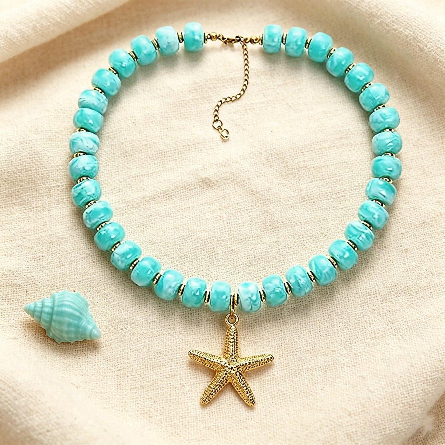 ZXYMHL Chunky Beaded Starfish Shell Necklace Colorful Boho Beach Chain Choke Necklace for Women Summer Trendy Vacation Jewelry Gift (blue starfish)