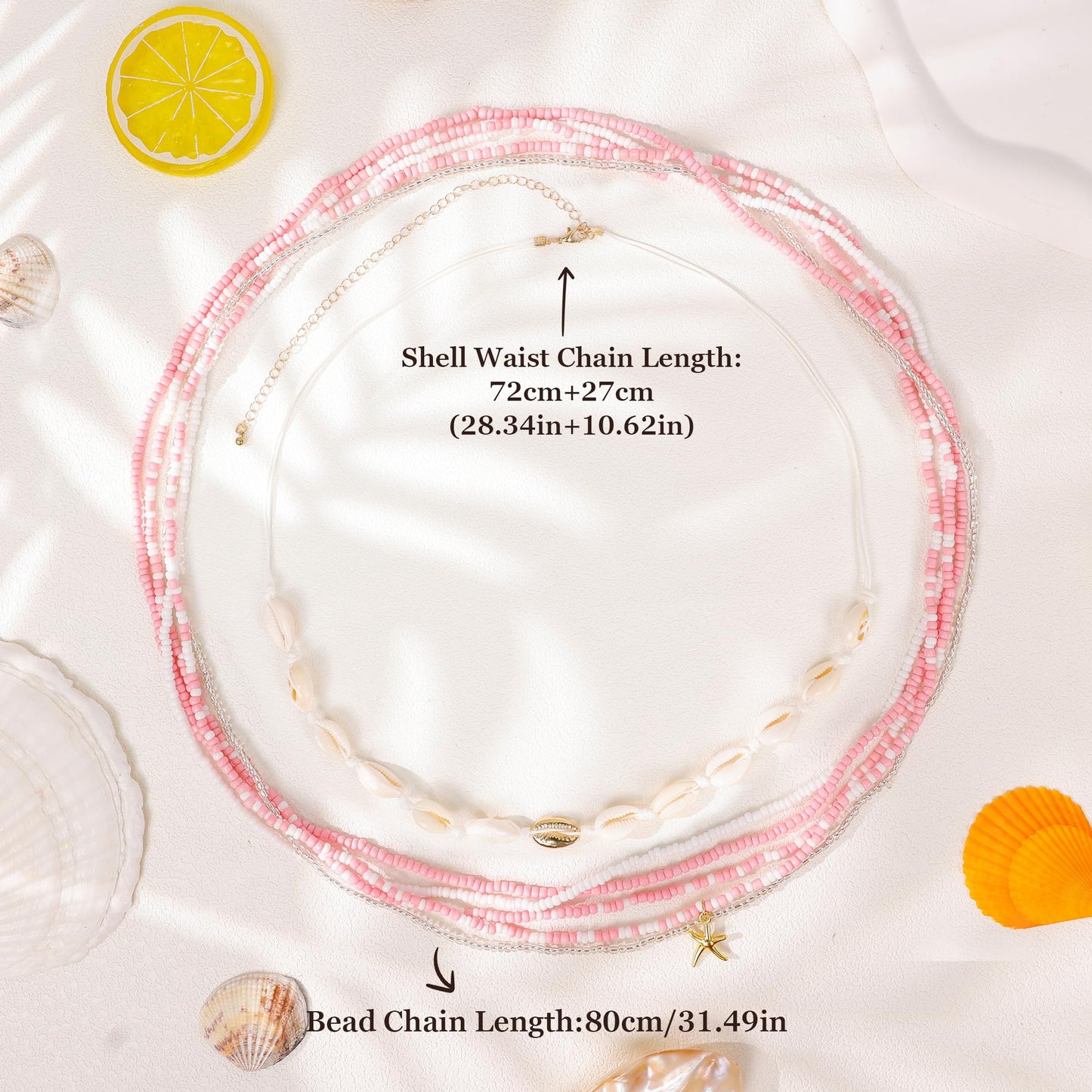 NICEIGHT 6Pcs Colorful Waist Beads Chain for Women Multi-layered Beaded Belly Chain Sexy Starfish Shell Chain for Waist Summer Beach Bikini Belly Body Chain Jewelry Pink