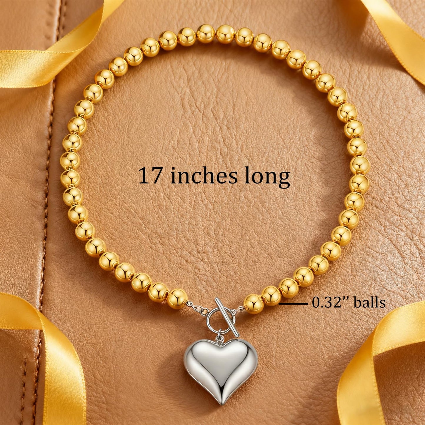 Frigotine Silver Heart Pendant Necklace for Women, Chunky Statement Two-Tone Love Choker Toggle Necklaces Prom Valentines Fashion Holiday Jewelry Gift