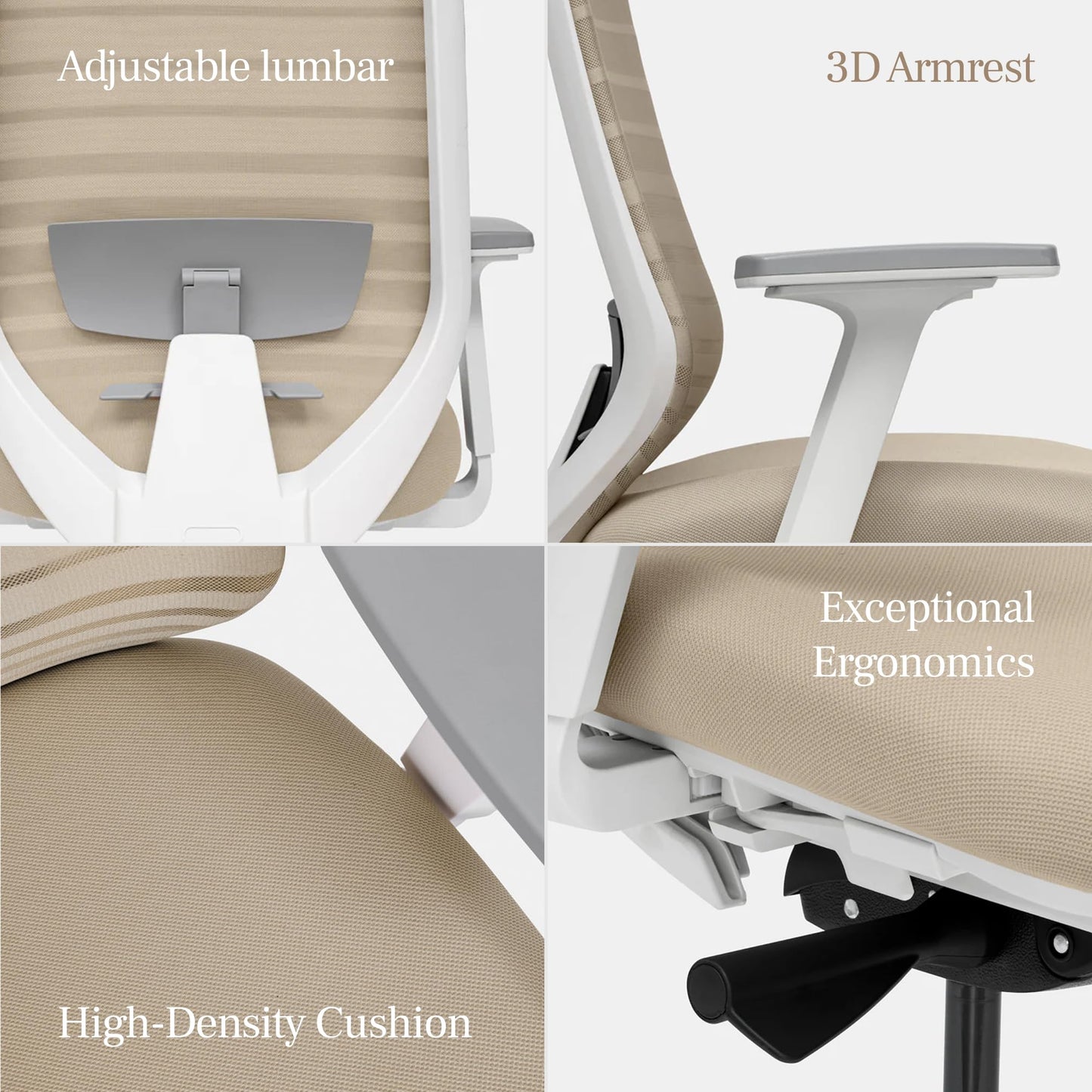 Branch Ergonomic Chair - A Versatile Desk Chair with Adjustable Lumbar Support, Breathable Mesh Backrest, and Smooth Wheels - Experience Optimal Comfort and Support - Sand - White