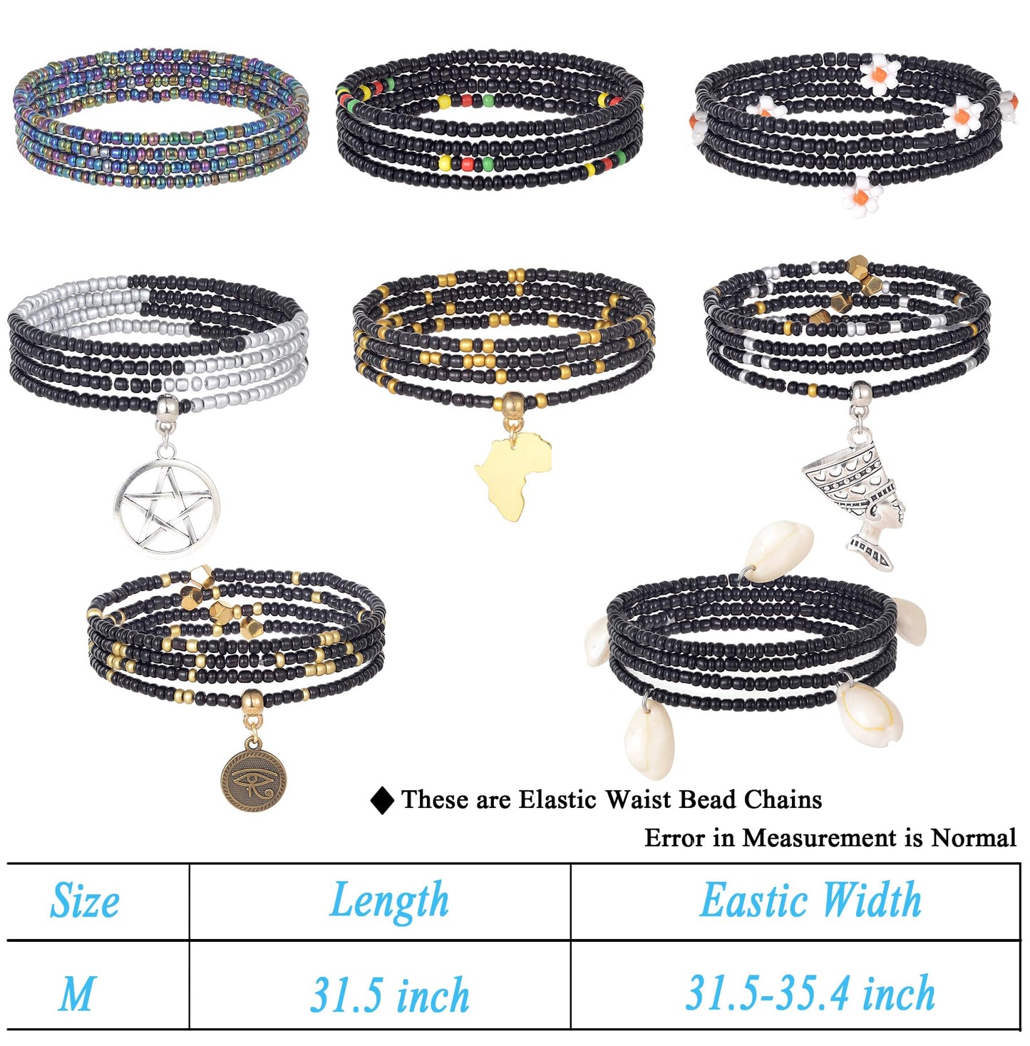 Tornito 8Pcs 31.5 Inches African Waist Bead Chain Elastic Belly Beads Butterfly Shell Layered Body Chain Colorful Jewelry Accessories for Women (B:8Pcs(Black))