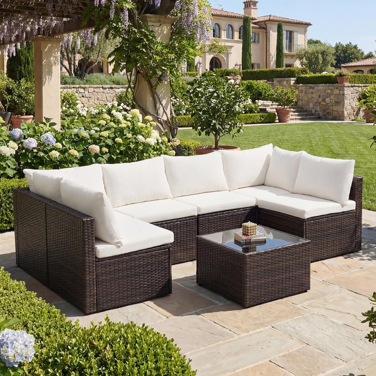 Sweetcrispy 7-Piece Outdoor Patio Sectional Sofa, Modular PE Wicker Outdoor Sectional with Thick Cushions, Rattan Patio Sofa Set with Coffee Table for Backyard, Poolside, Garden, Deck, Brown