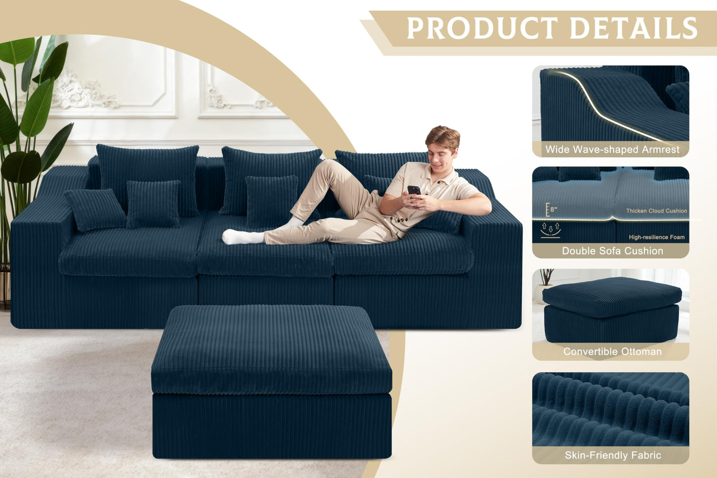 101" Modular Couch Sectionals with Ottoman, Big Comfy Cloud Couches, L Shaped 4 Seat Modular Sectional Sofa, Sectional Double Cushion Couches with Deep Seat for Living Room,No Assembly Required(Blue)