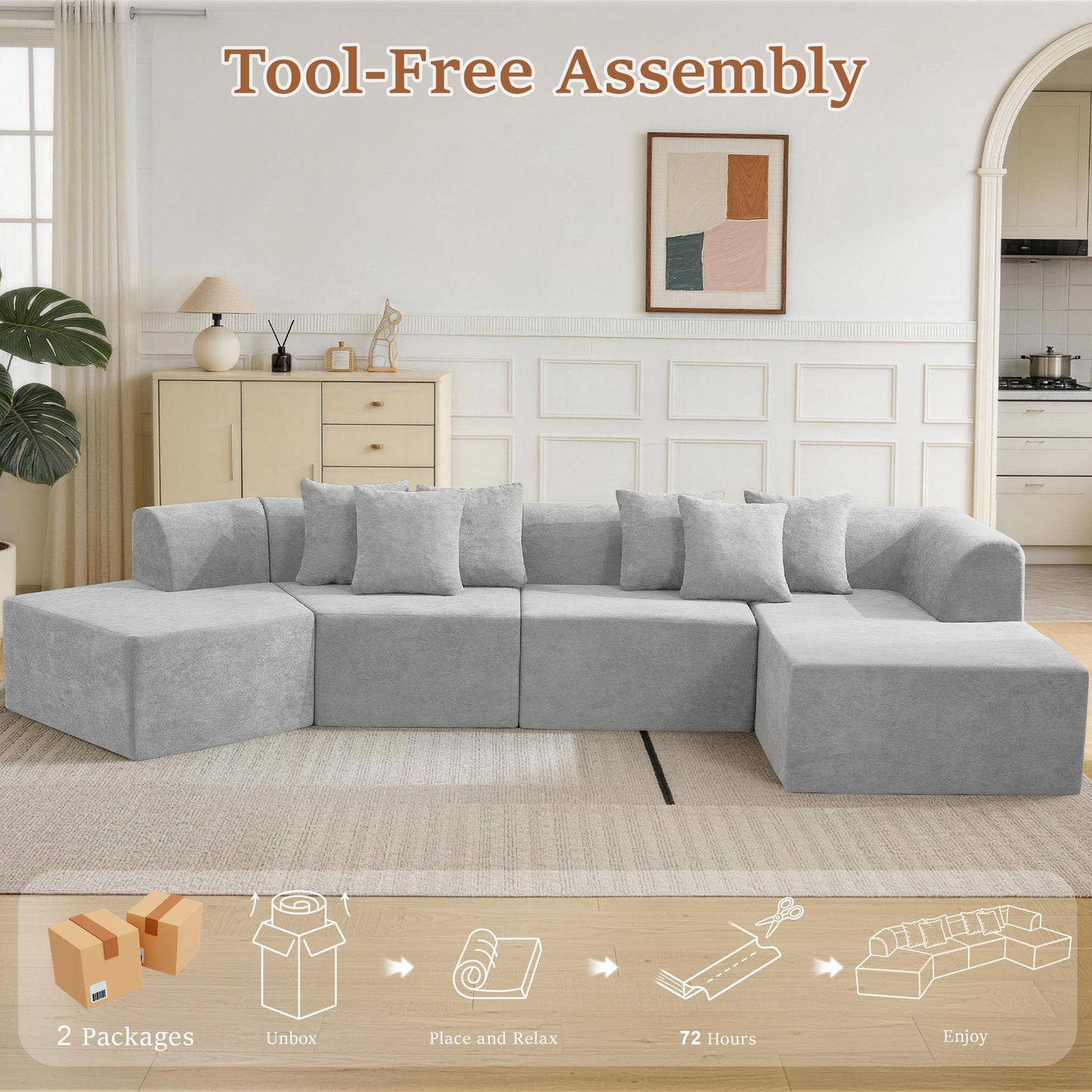 CACFTII 140" Oversized Boneless Couch, Curved Cloud Sectional Couch with L-Shape Chaise, Compressed Memory Foam Couch, Velvet Modular Sectional Sofa for Living Room, No Assembly Required, Grey