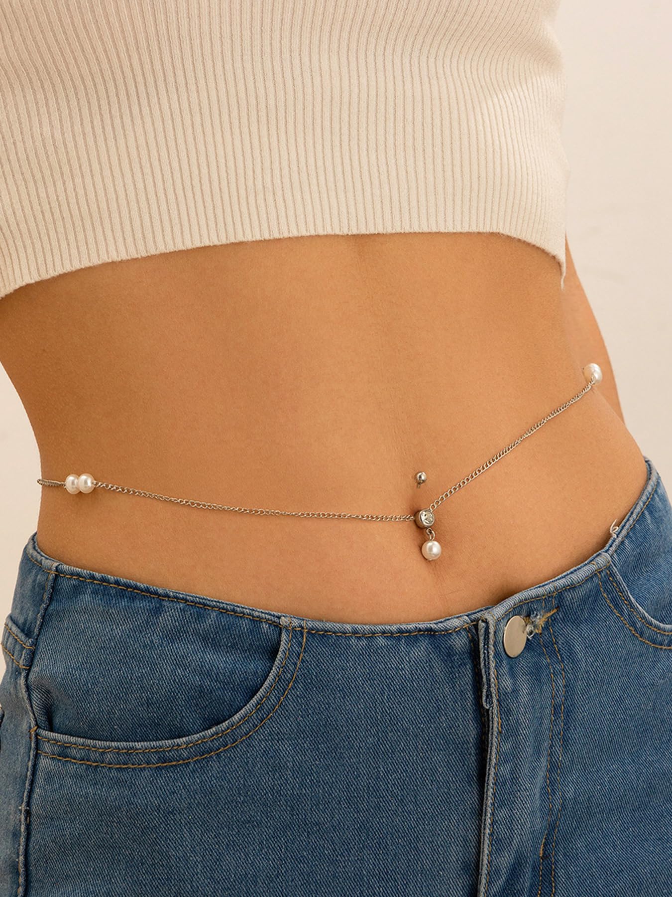 Longita Silver Waist Chain for Women Silver Belly Chain With Belly Rings Layered Stomach Chains Pearl Body Chain Waist Jewelry with Navel Ring