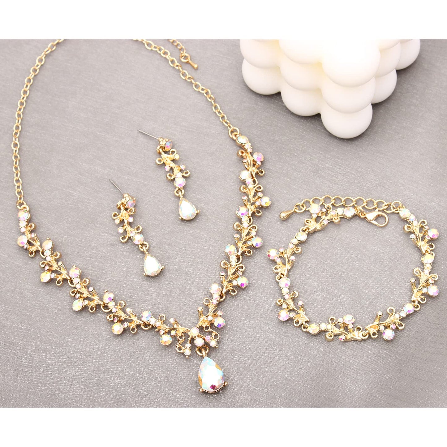 3Pcs Austrian Crystal Jewelry Set for Women, Necklace Dangle Earrings Link Bracelet Jewelry Set with Gold/Platinum/Gun Plated, Wedding Party Jewelry for Bridal Bridesmaid (Pink-Gold Plated)