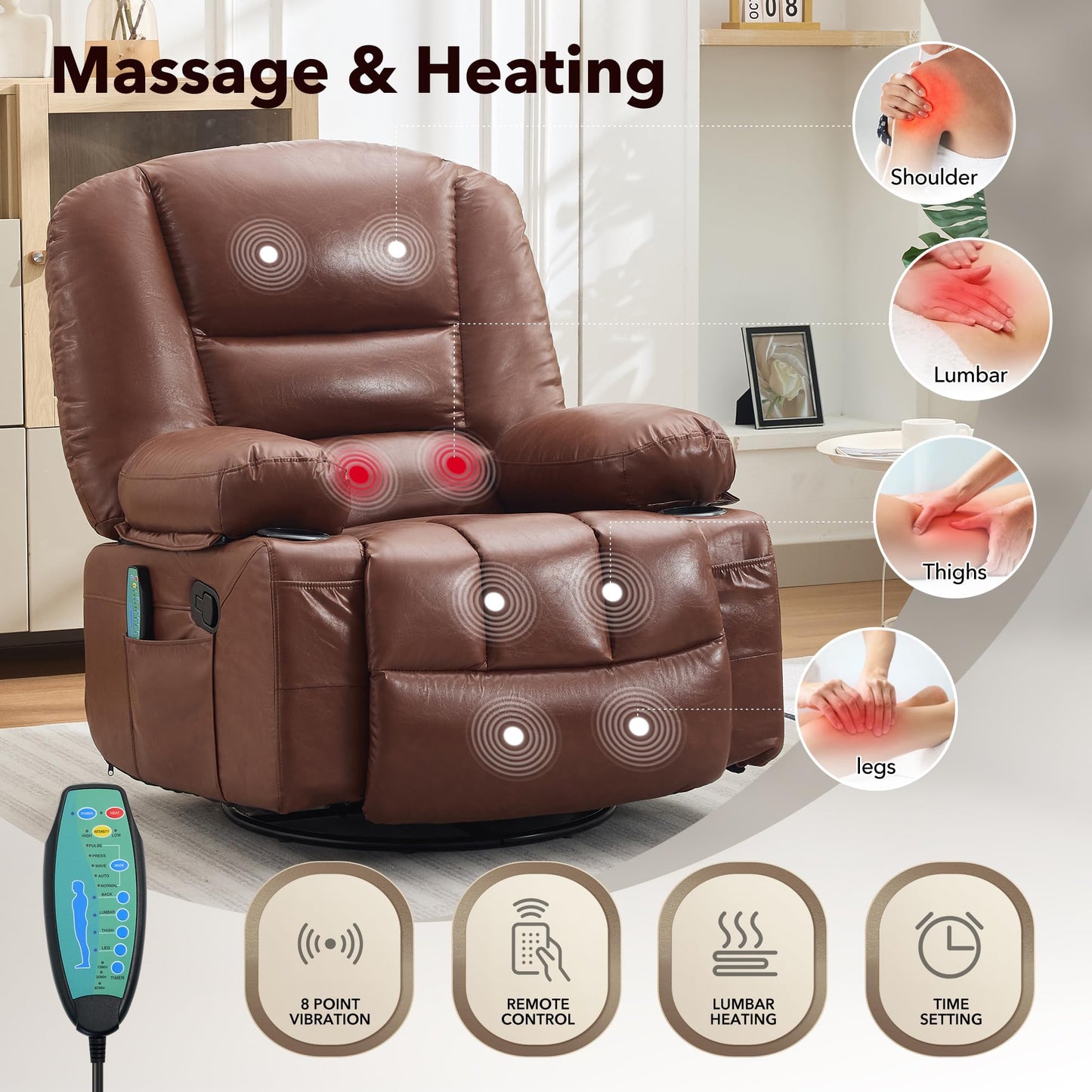 Oversized Wide Recliner Chair-Heat and Vibration Massage, PU Leather Manual Recliner for Adults, 360° Swivel Rocker Chair with Cup Holders & Side Pocket,Lazy Boy Chair for Living Room, Bedroom,Brown