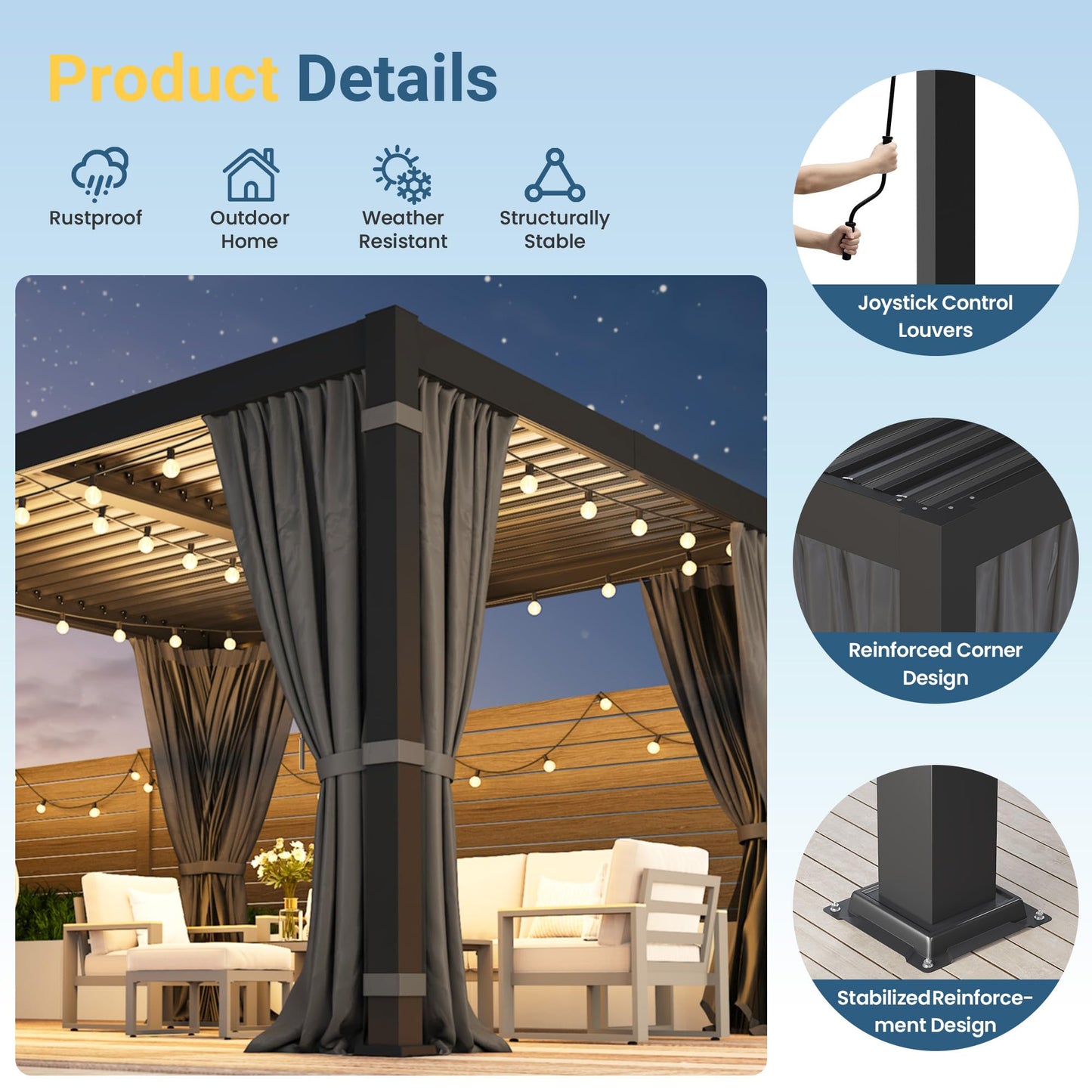 10' x 12' Louvered Pergola, Metal Outdoor Pergola with Adjustable Louvered Roof, Curtains & Netting, Patio Hardtop Gazebo with Gutter System for Deck, Garden, Yard, Dark Gray