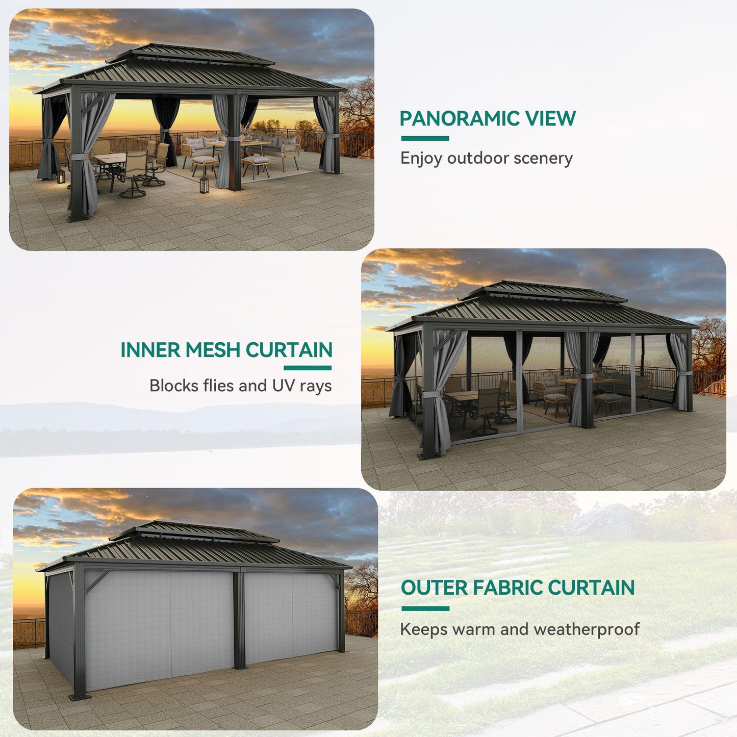 YITAHOME 12x20ft Hardtop Gazebo with Nettings and Curtains, Heavy Duty Double Roof Galvanized Steel Outdoor Combined of Vertical Stripes Roof for Patio, Backyard, Deck, Lawns, Gray