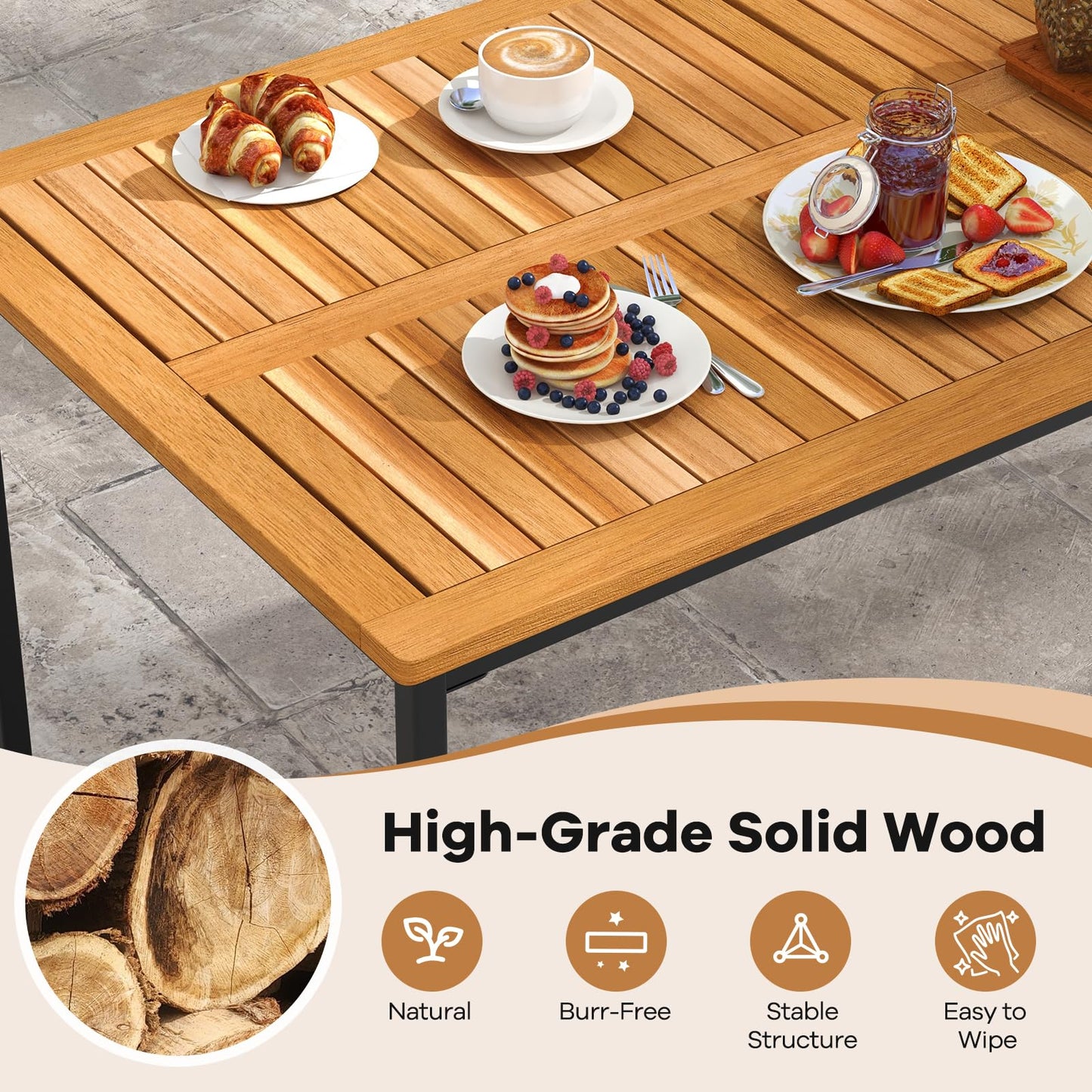 Tangkula 7 Piece Outdoor Dining Set for 6, Acacia Wood Rectangular Dining Table & 6 Armless Chairs w/Metal Frame, Umbrella Hole, Farmhouse Dining Furniture Set for Garden Porch Poolside