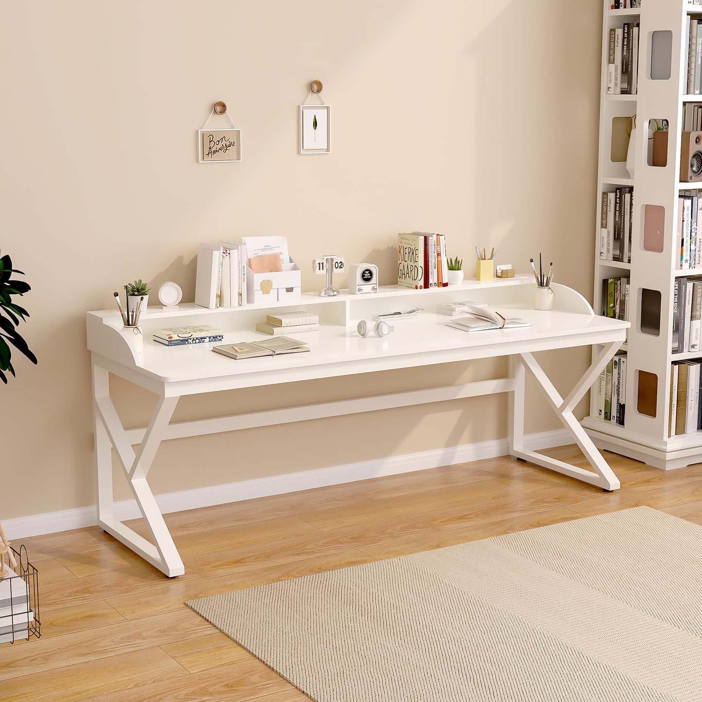 OSCHF Long Desk with Monitor Stand - 71" Double Long Computer Table for 2-Person Workstation, Large Writing Study Work Desk for Home and Office, White