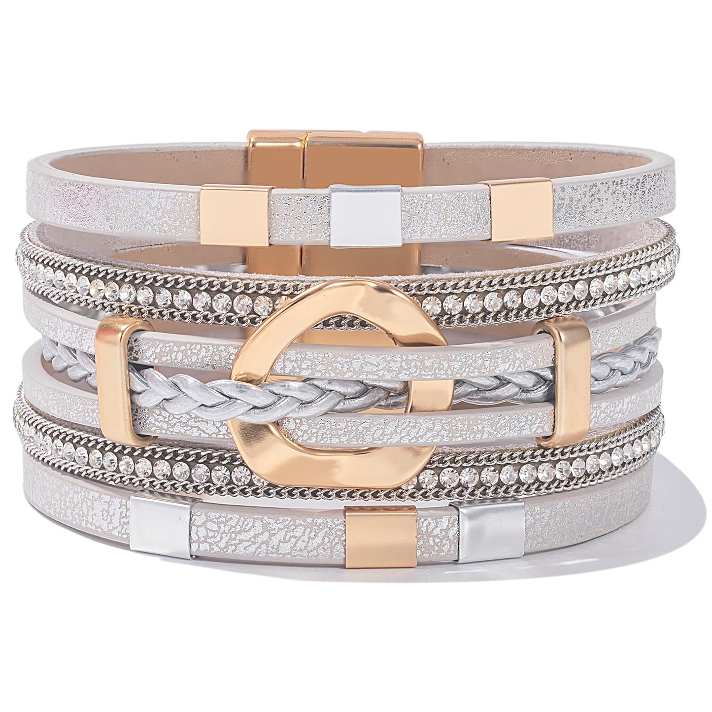 FANCY SHINY Boho Leather Wrap Bracelets Circle Square Bead Braided Handmade Stackable Bracelet Trendy Cuff Bangle for Women(Metallic Gray)