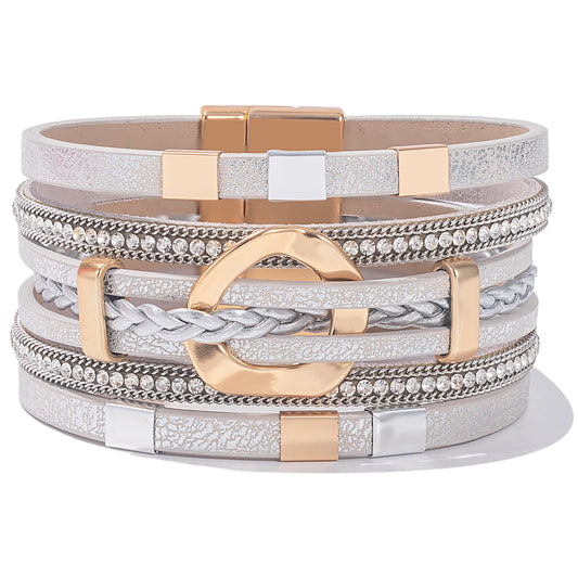 FANCY SHINY Boho Leather Wrap Bracelets Circle Square Bead Braided Handmade Stackable Bracelet Trendy Cuff Bangle for Women(Metallic Gray)