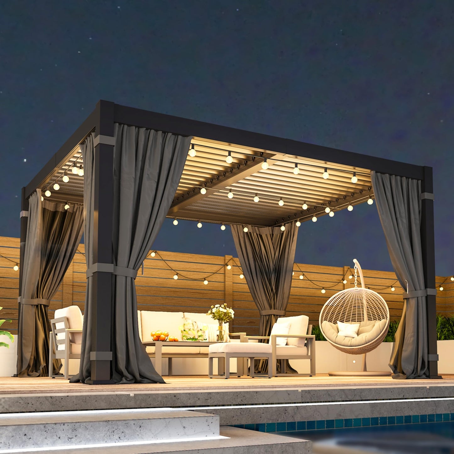 10' x 12' Louvered Pergola, Outdoor Pergola with Curtains & Netting, Metal Patio Pergola with Adjustable Louvers Roof and Gutter System, Metal Hardtop Gazebo for Patio, Deck, Garden, Yard, Dark Gray