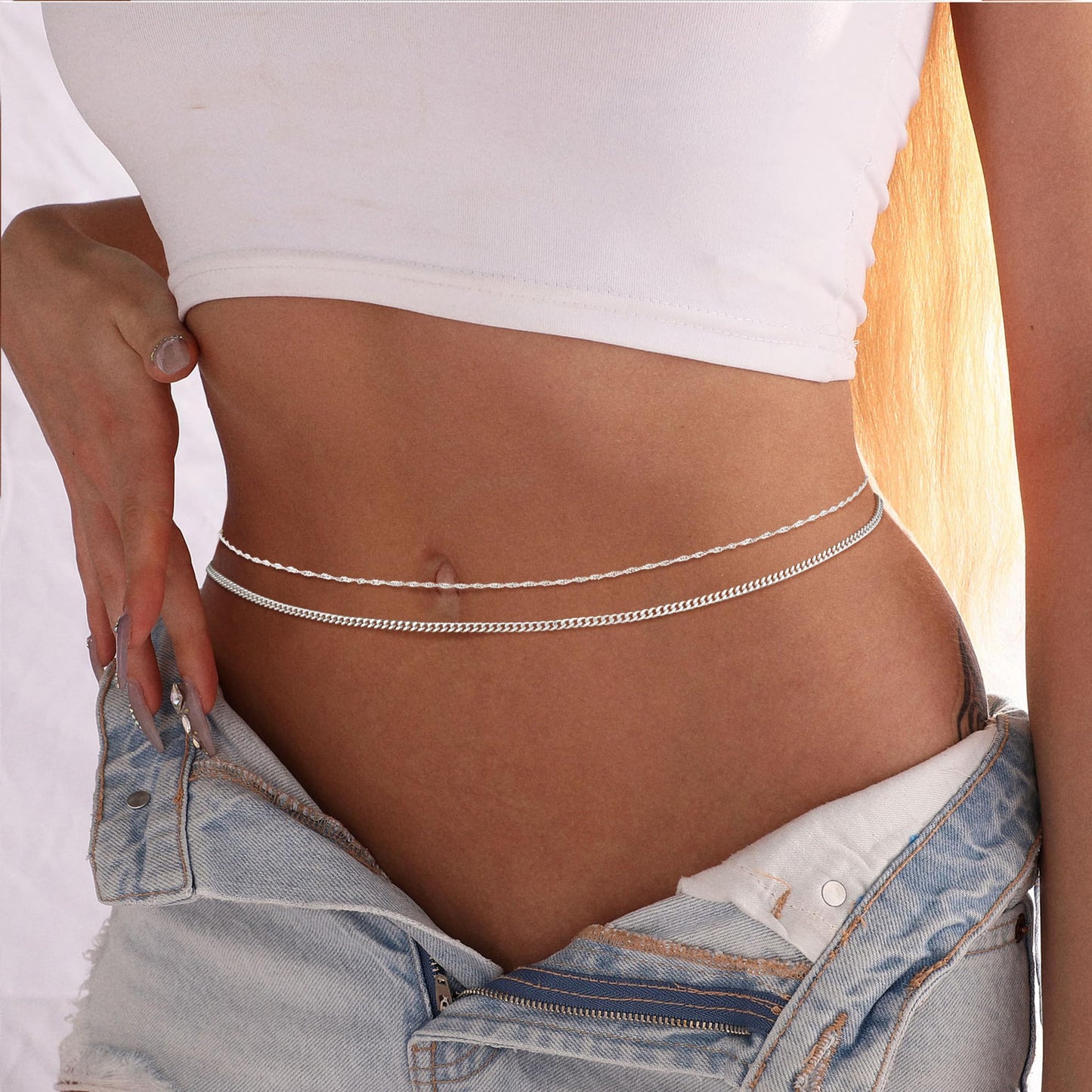 CAROVO Belly Waist Chain for Women 14K Silver Plated Layered Body Chains Boho Cuban Bead Belly Chain Sexy Bikini Body Jewelry for Women Adjustable
