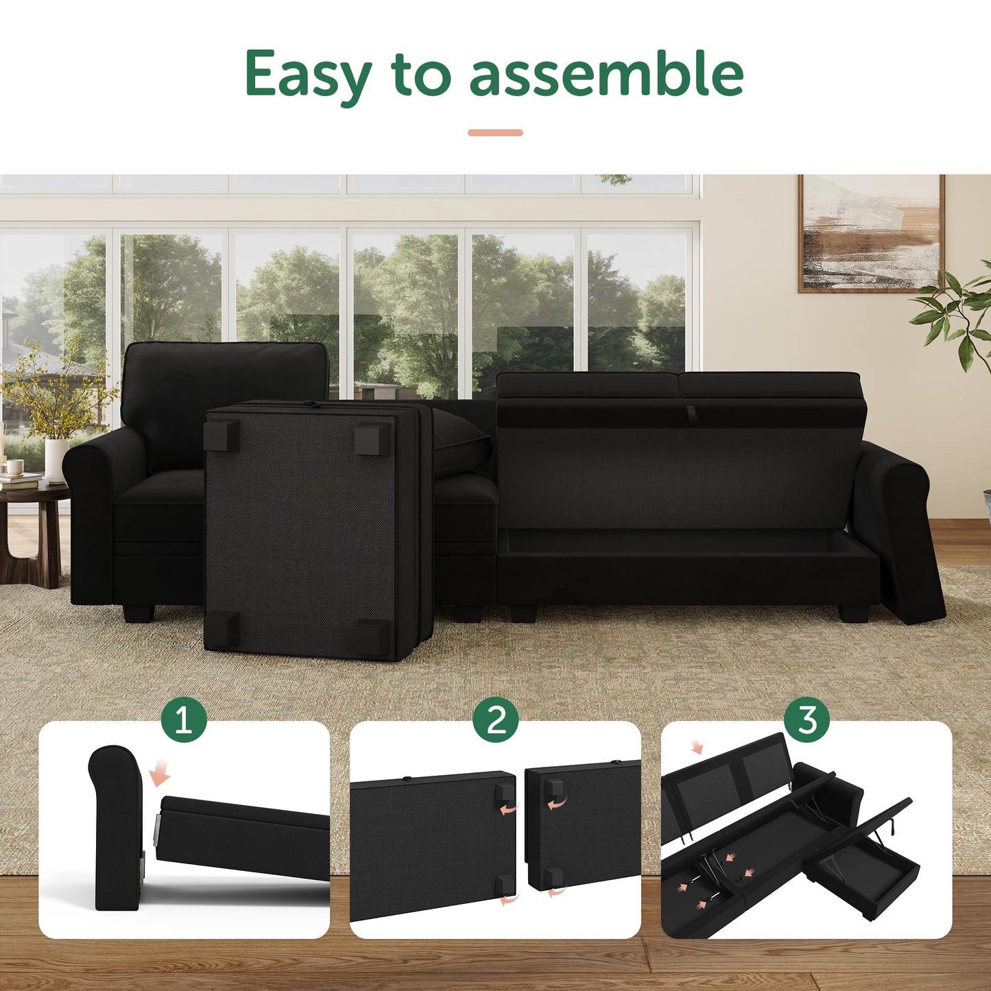 HONBAY Convertible Sectional Sofa with Storage U Shaped Sectional Couch with Reversible Chaise Small Sectional Couches for Living Room,Mid Black