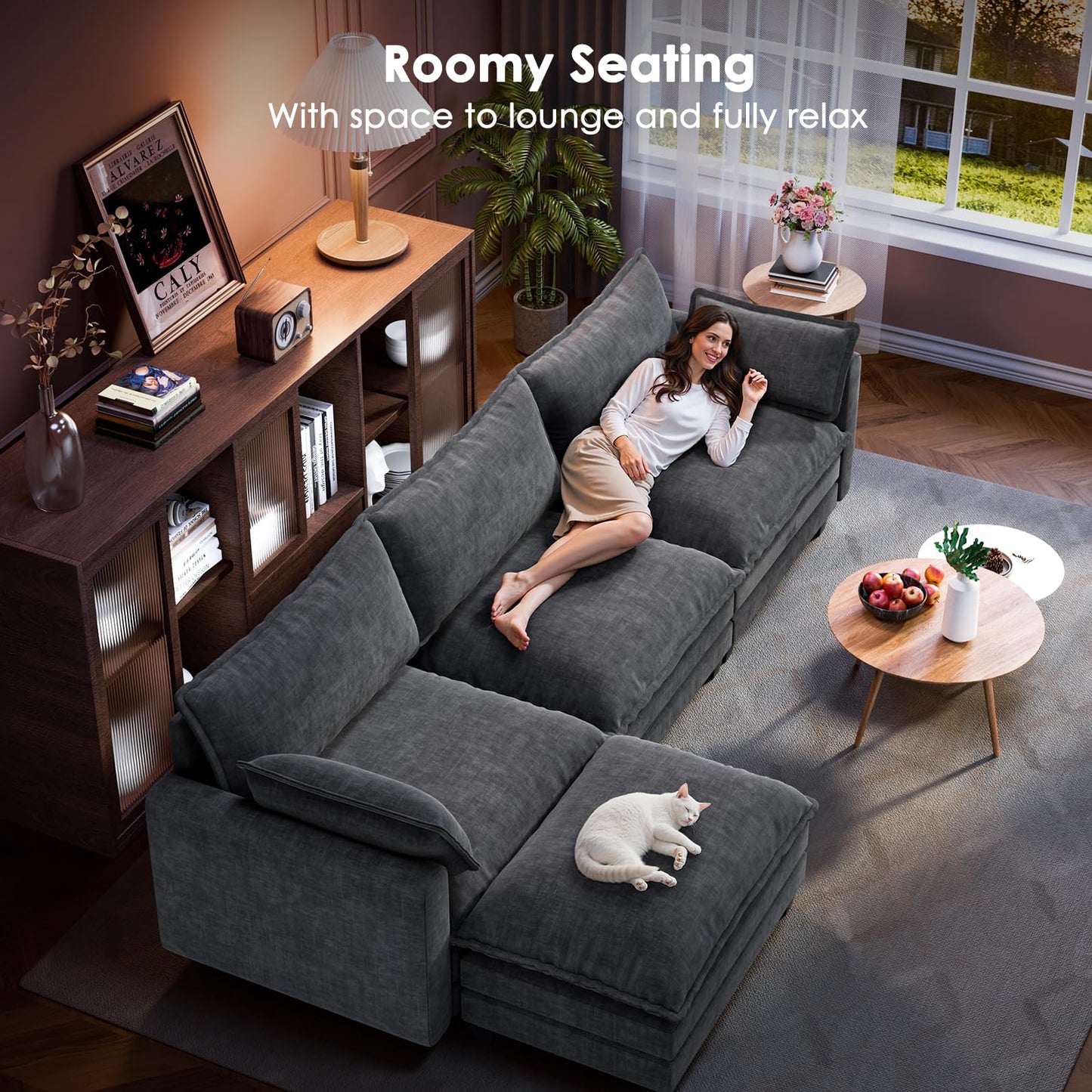 Marsail Modular Sectional Sofa 110.6" U-Shaped Modern Comfy Cloud Couch, 5-Seat Chenille Deep Seat Sofa with Throw Pillow & Movable Ottoman for Living Room, Bedroom and Apartment, Grey