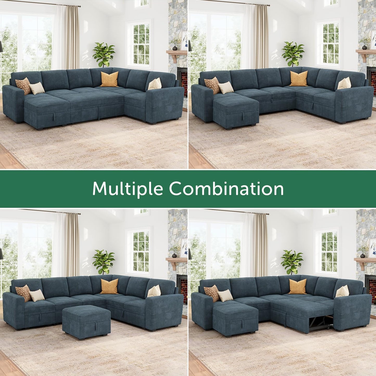 HONBAY Modular Sectional Sleeper Sofa with Pull Out Bed, Corduroy Couch with Storage, U Shaped Sectional Couches for Living Room, Blue