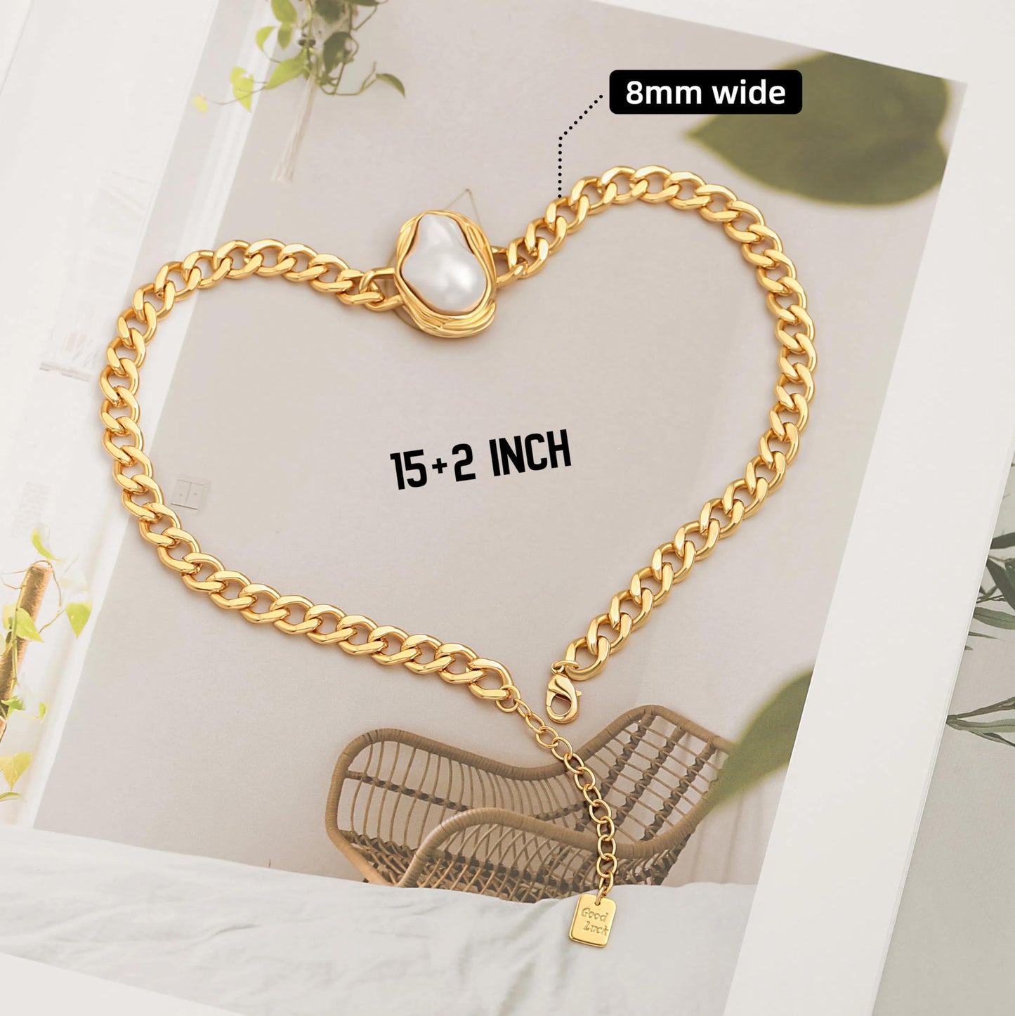 Chunky Gold Plated Baroque Pearl Necklace, Statement Cuban Chain Choker Necklace for Women