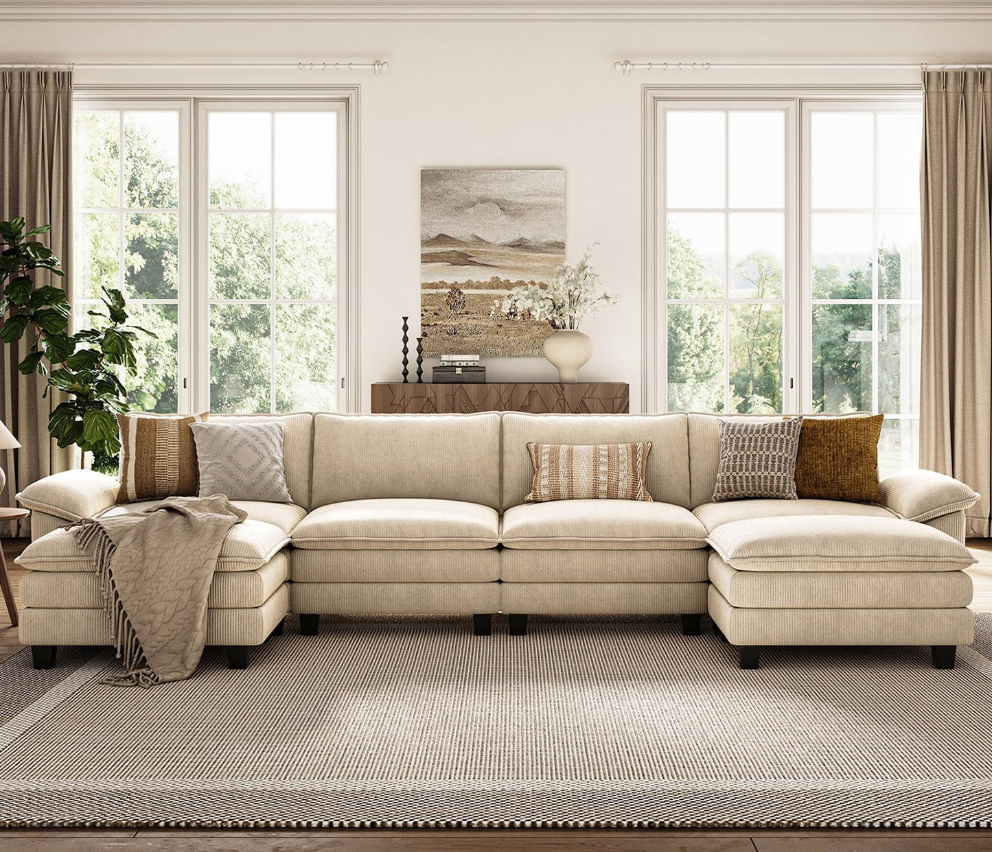 LINSY HOME 157'' Modular Sectional Sofa Beige Couch Corduroy Cloud Couches for Living Room, U Shaped Couch with Movable Ottoman, Modern Cloud Sectional Sofas for Bedroom and Apartment, Beige